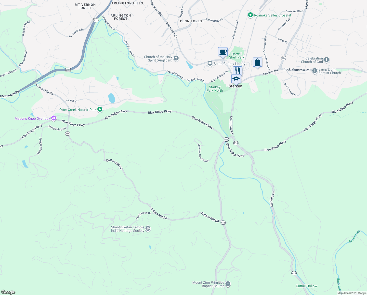 map of restaurants, bars, coffee shops, grocery stores, and more near 7043 Linn Cove Court in Roanoke