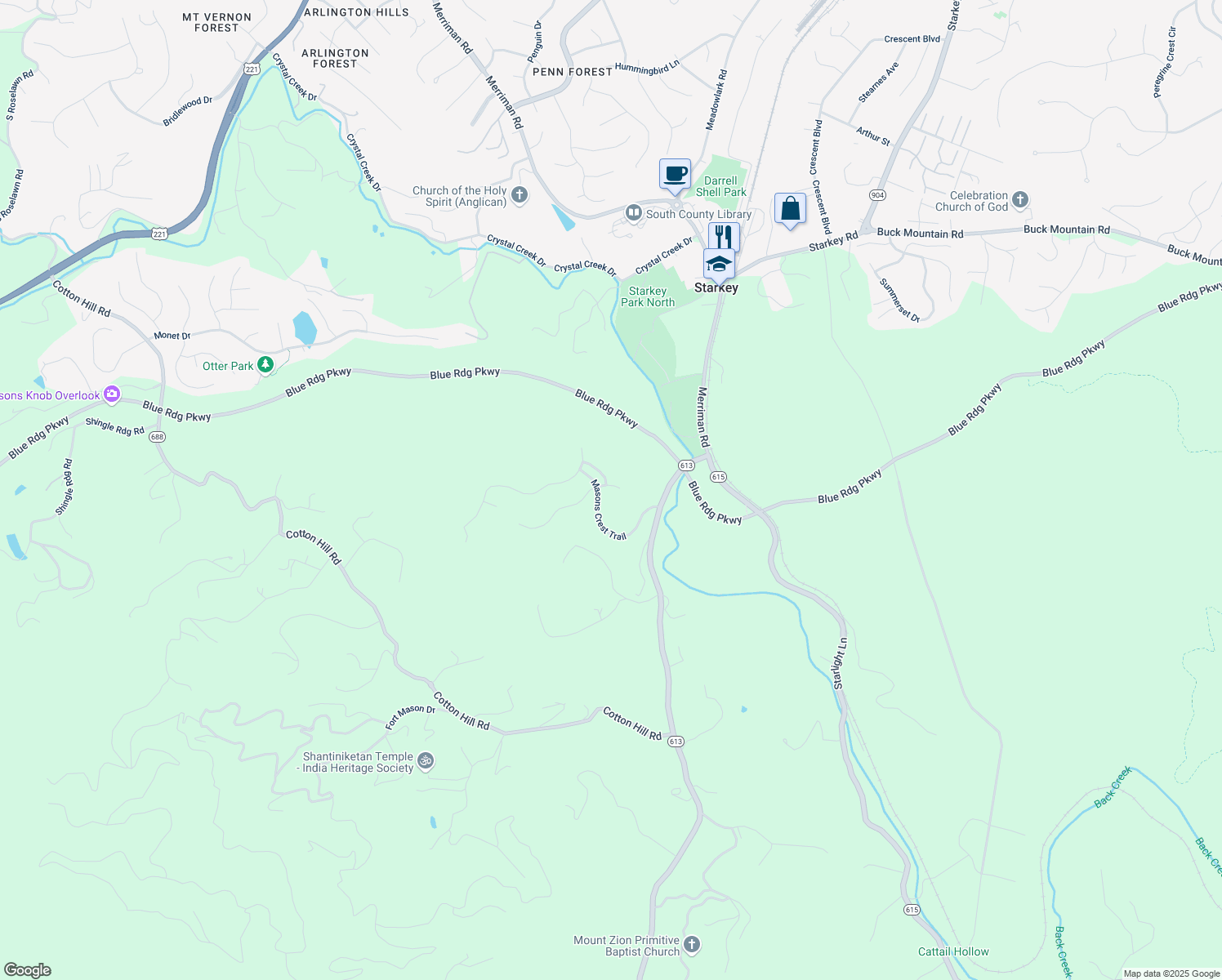 map of restaurants, bars, coffee shops, grocery stores, and more near 7043 Mountain Spring Court in Roanoke