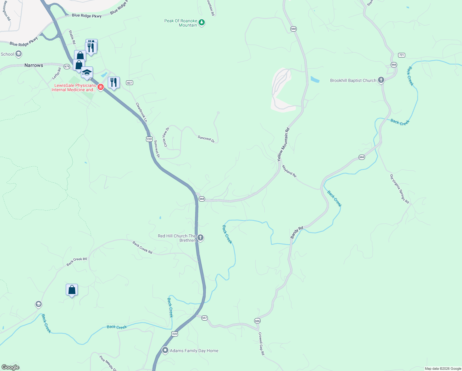 map of restaurants, bars, coffee shops, grocery stores, and more near 5787 Cox Hopkins Road in Roanoke