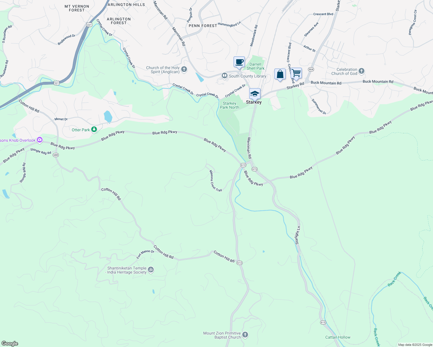 map of restaurants, bars, coffee shops, grocery stores, and more near 7043 Mountain Spring Court in Roanoke