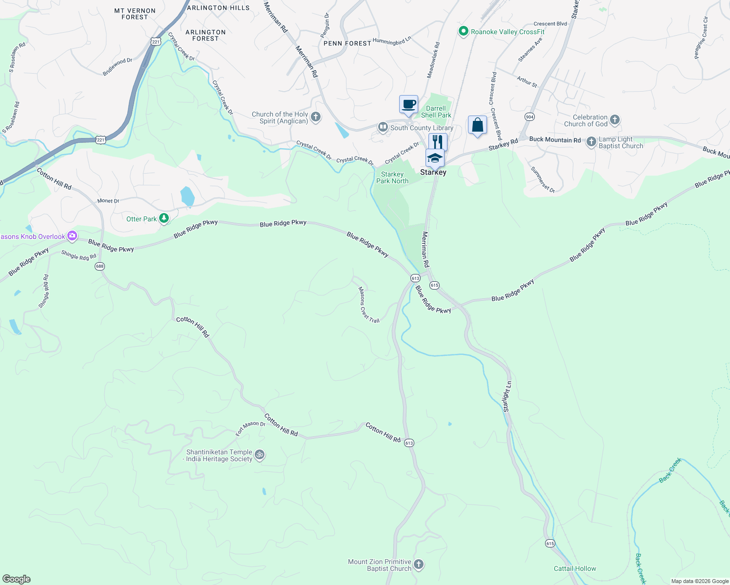 map of restaurants, bars, coffee shops, grocery stores, and more near Masons Crest Trail in Roanoke