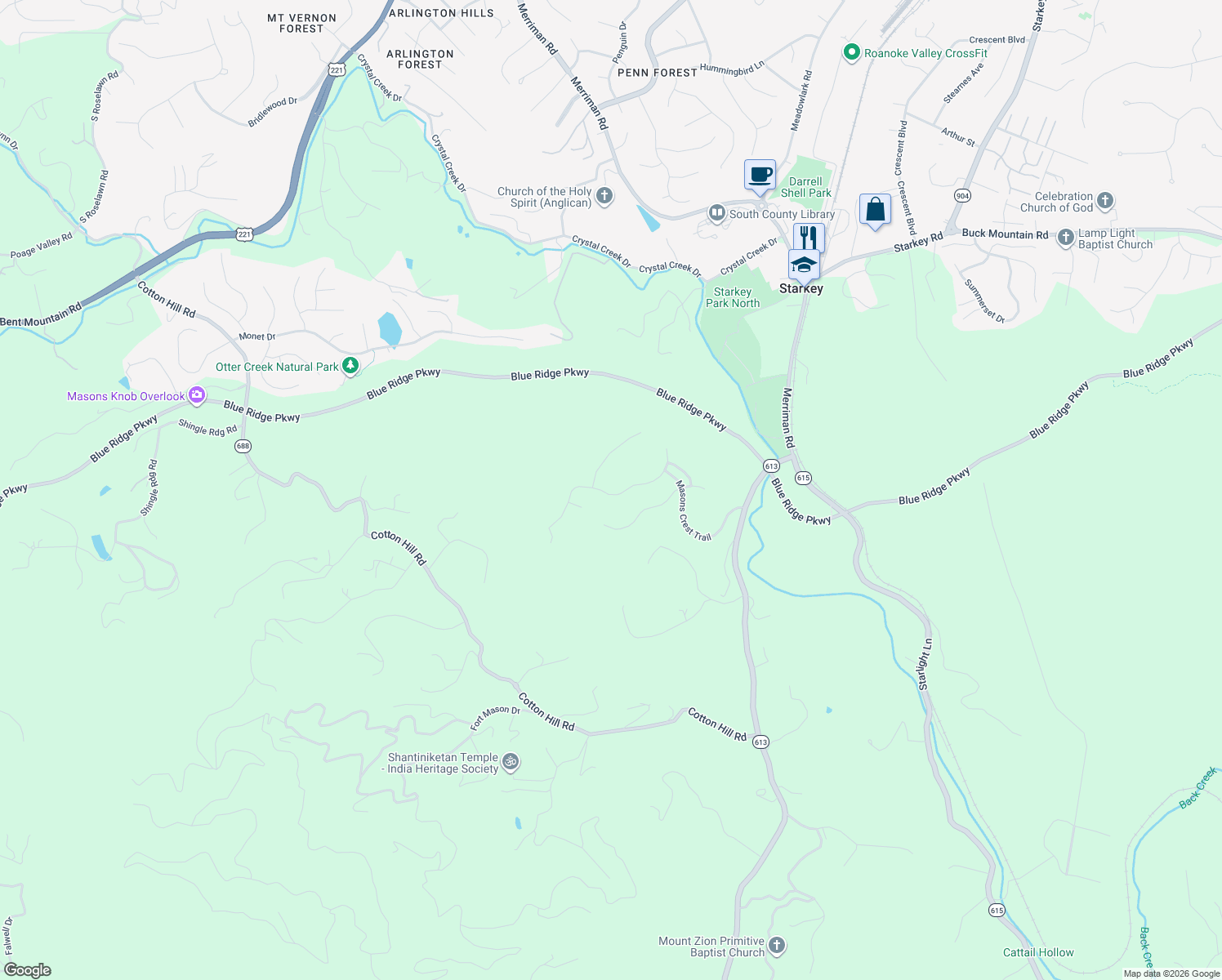 map of restaurants, bars, coffee shops, grocery stores, and more near 7043 Linn Cove Court in Roanoke