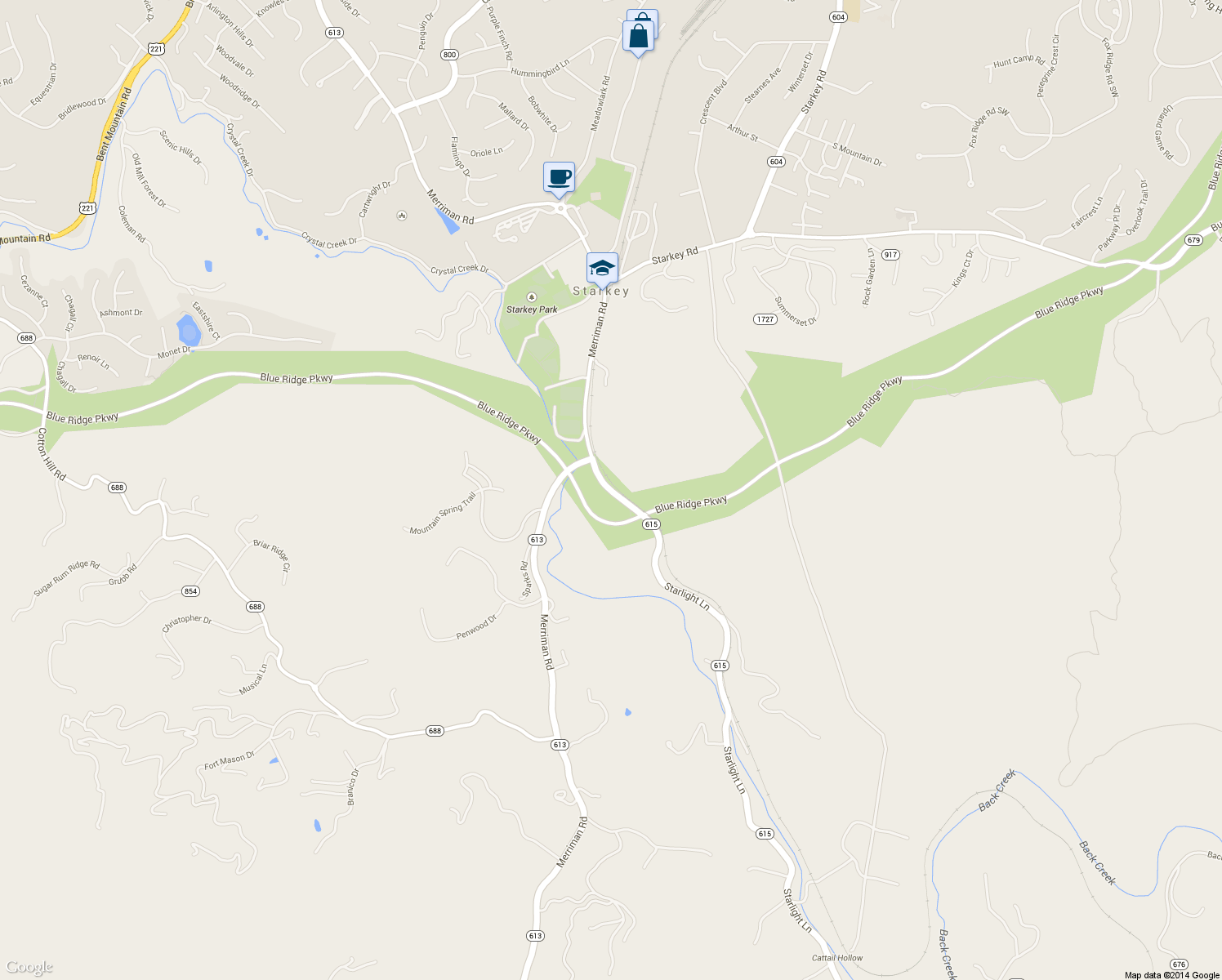 map of restaurants, bars, coffee shops, grocery stores, and more near Starlight Lane in Roanoke