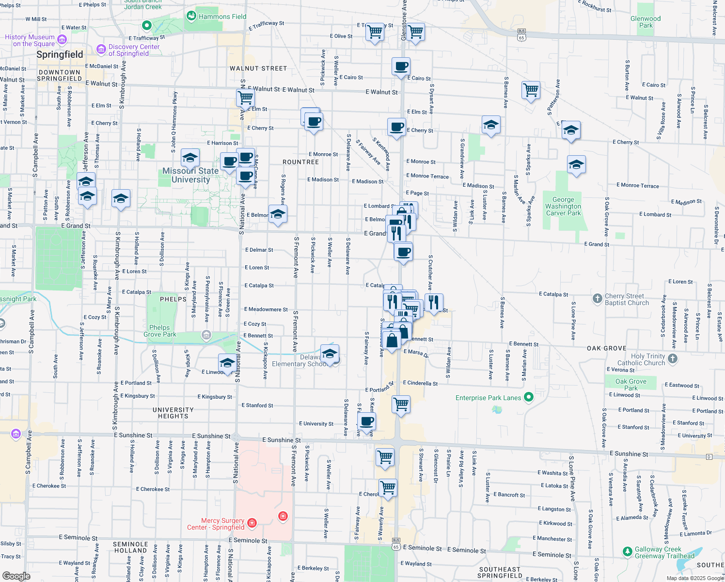 map of restaurants, bars, coffee shops, grocery stores, and more near 1630 East Catalpa Street in Springfield