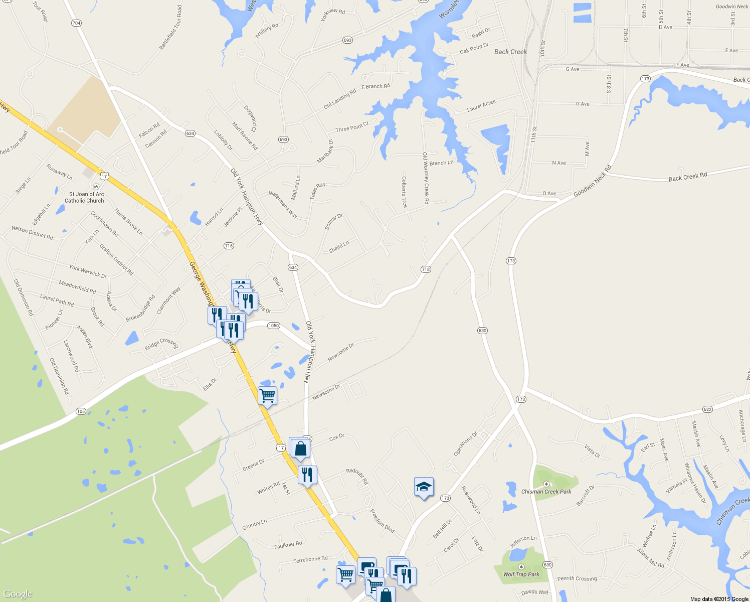 map of restaurants, bars, coffee shops, grocery stores, and more near 601 Hornsbyville Road in Yorktown