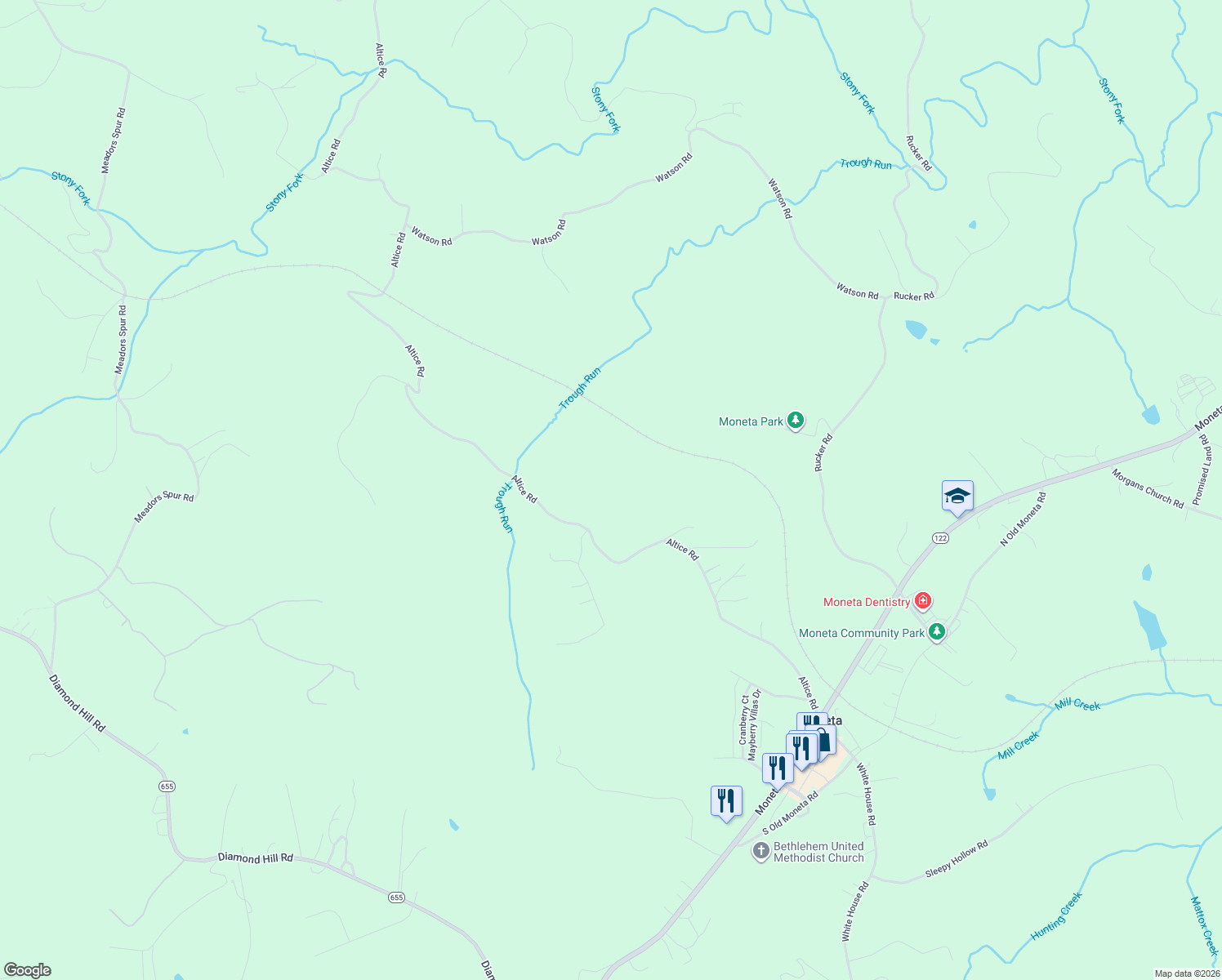 map of restaurants, bars, coffee shops, grocery stores, and more near 5123 State Route 608 in Moneta