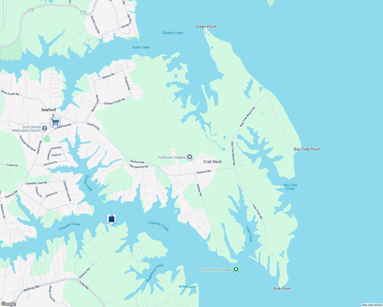 map of restaurants, bars, coffee shops, grocery stores, and more near 203 Hansford Lane in Seaford