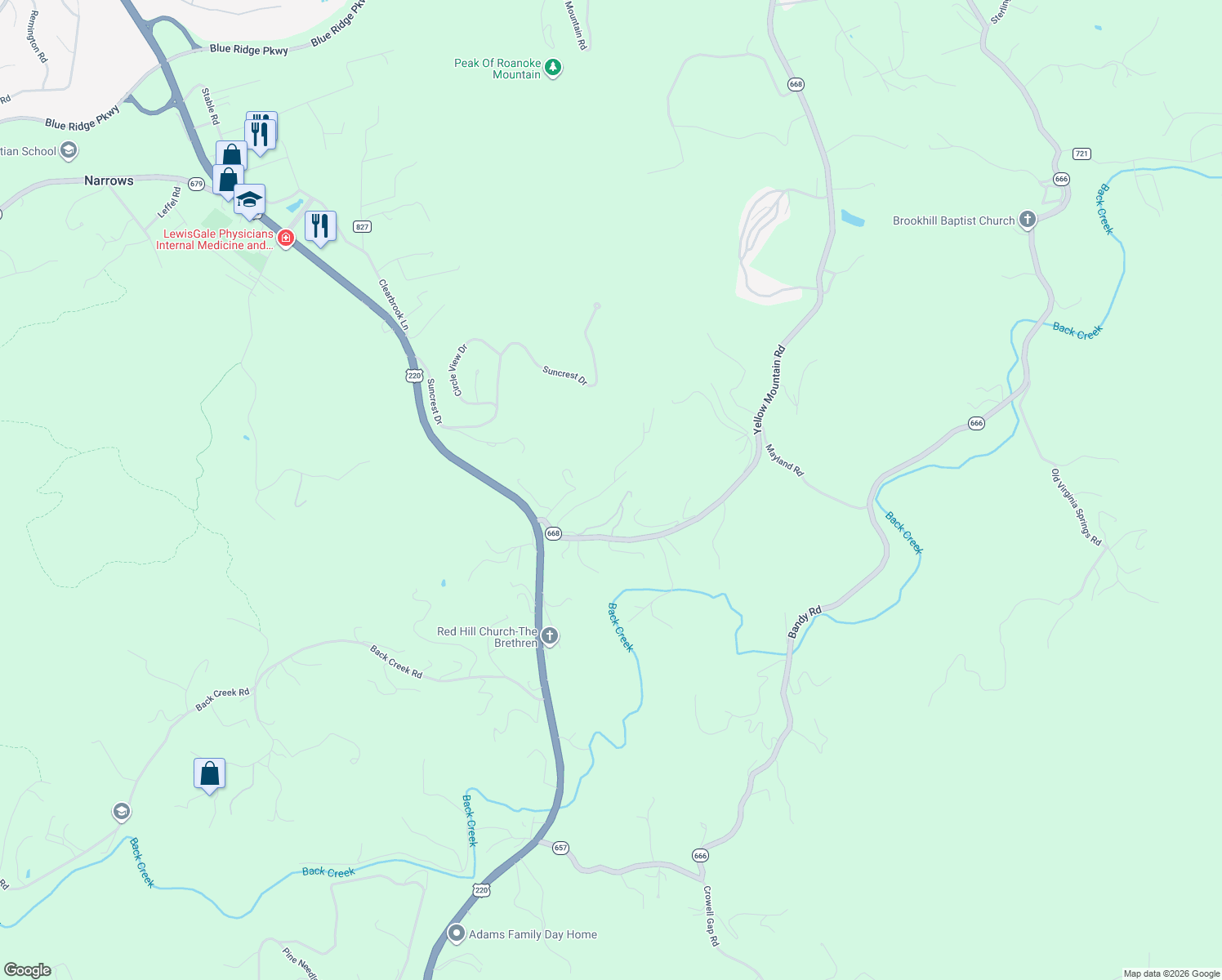 map of restaurants, bars, coffee shops, grocery stores, and more near 5787 Cox Hopkins Road in Roanoke