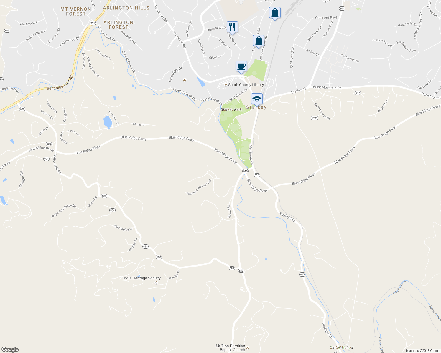 map of restaurants, bars, coffee shops, grocery stores, and more near 7042 Mountain Spring Court in Roanoke