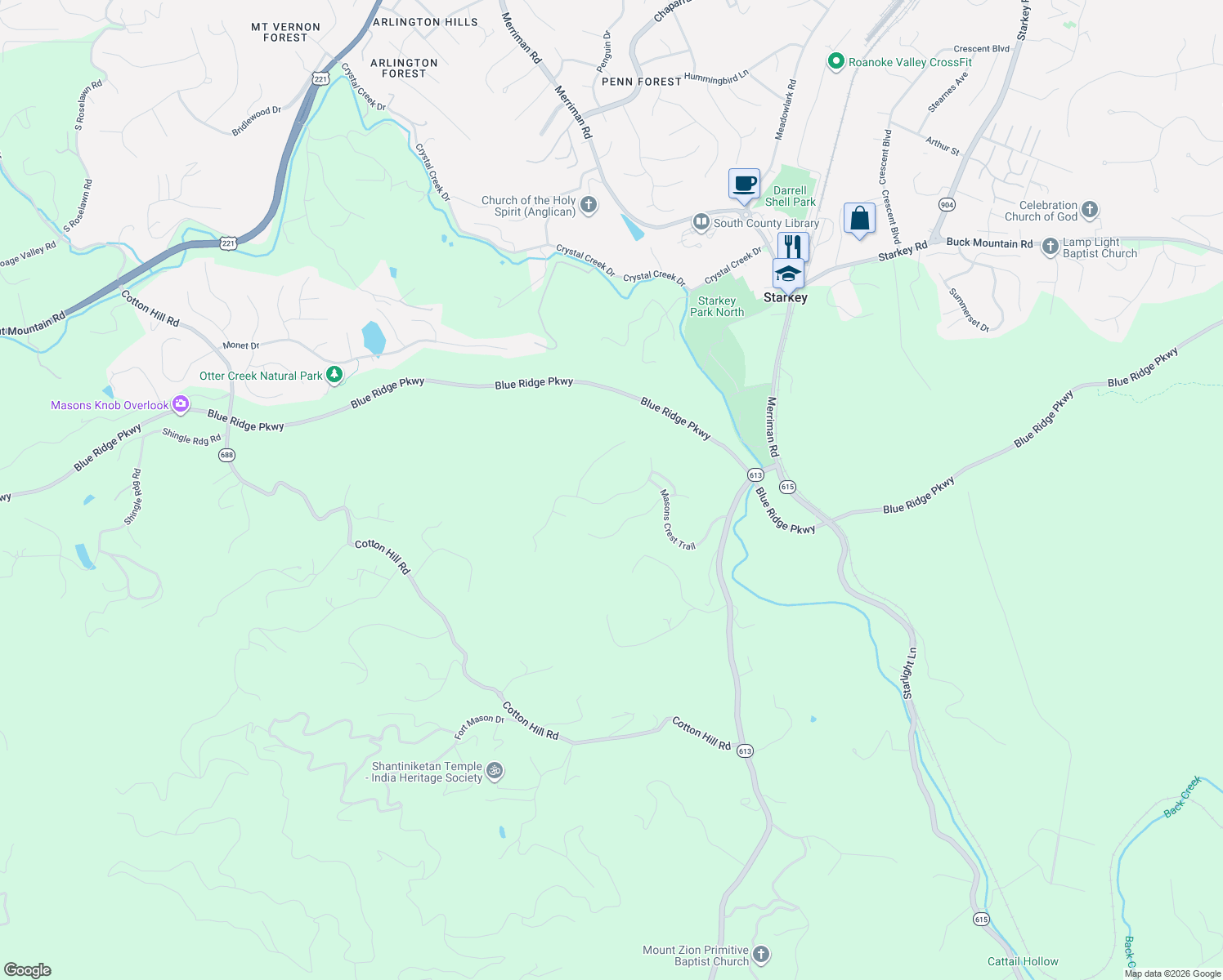 map of restaurants, bars, coffee shops, grocery stores, and more near 7043 Linn Cove Court in Roanoke