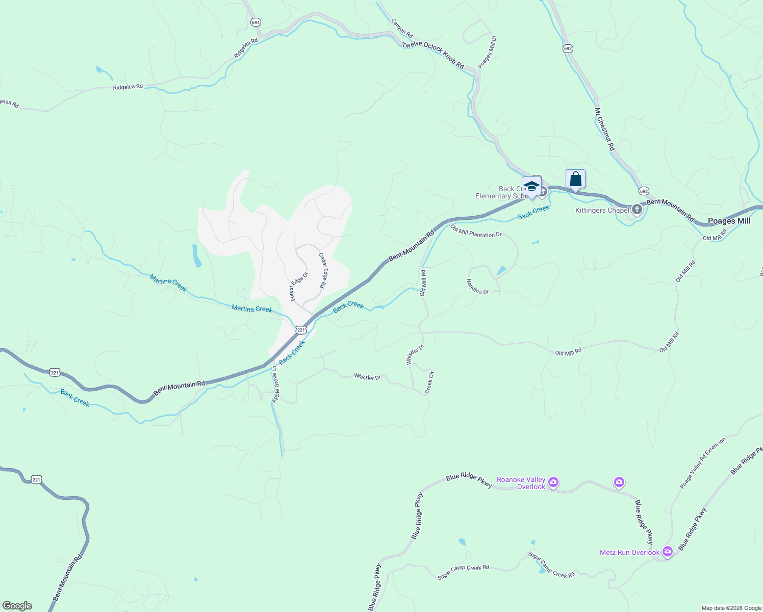 map of restaurants, bars, coffee shops, grocery stores, and more near 7716 Old Bent Mountain Rd in Roanoke