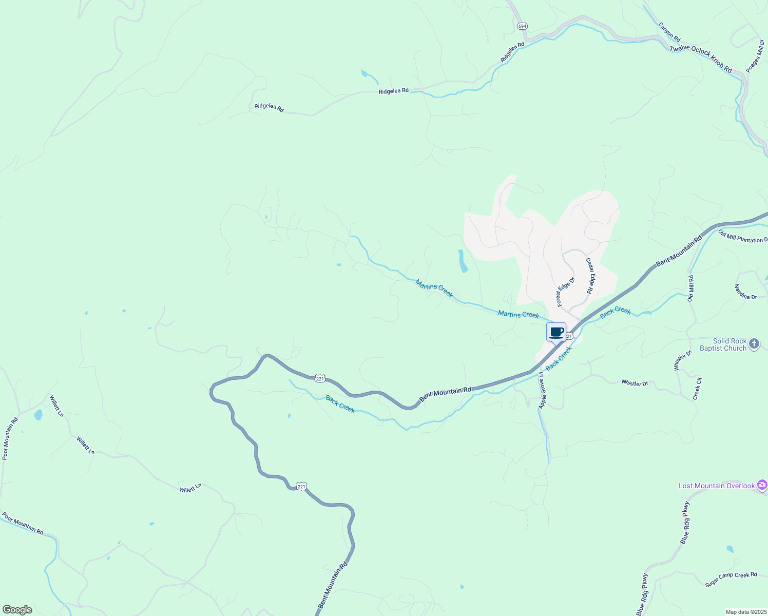 map of restaurants, bars, coffee shops, grocery stores, and more near 8439 Poplar Springs Lane in Roanoke