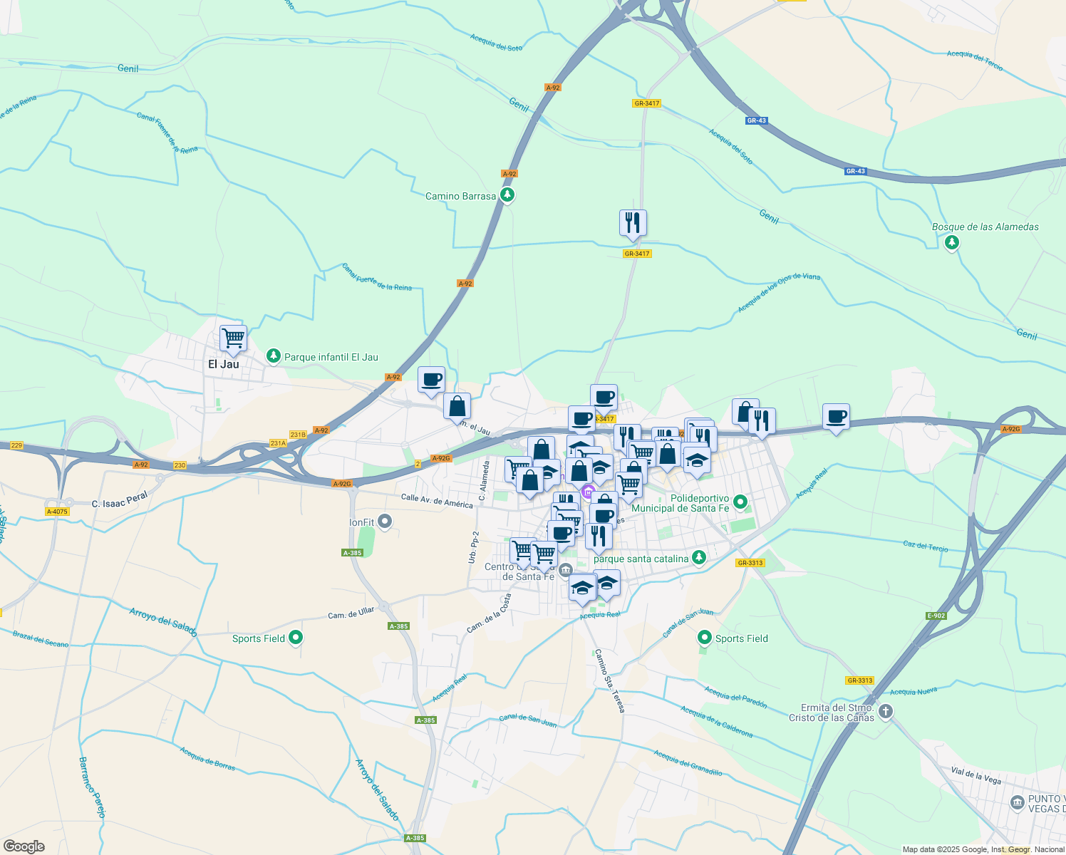 map of restaurants, bars, coffee shops, grocery stores, and more near 87 Carretera Granada Málaga in Santa Fé