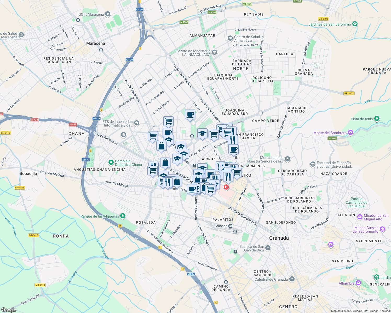 map of restaurants, bars, coffee shops, grocery stores, and more near 22 Calle Luis Amador in Granada