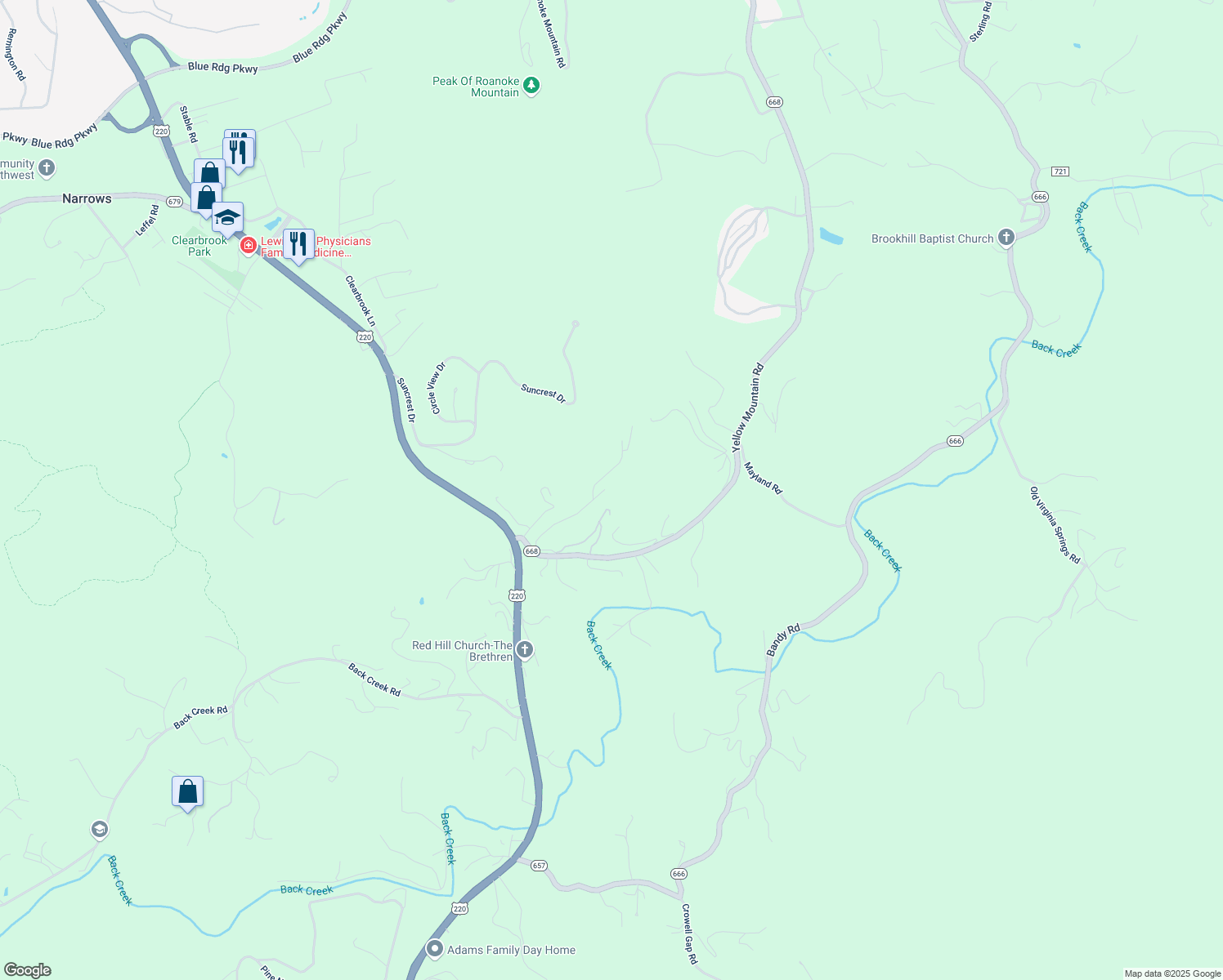map of restaurants, bars, coffee shops, grocery stores, and more near 5807 Cox Hopkins Road in Roanoke