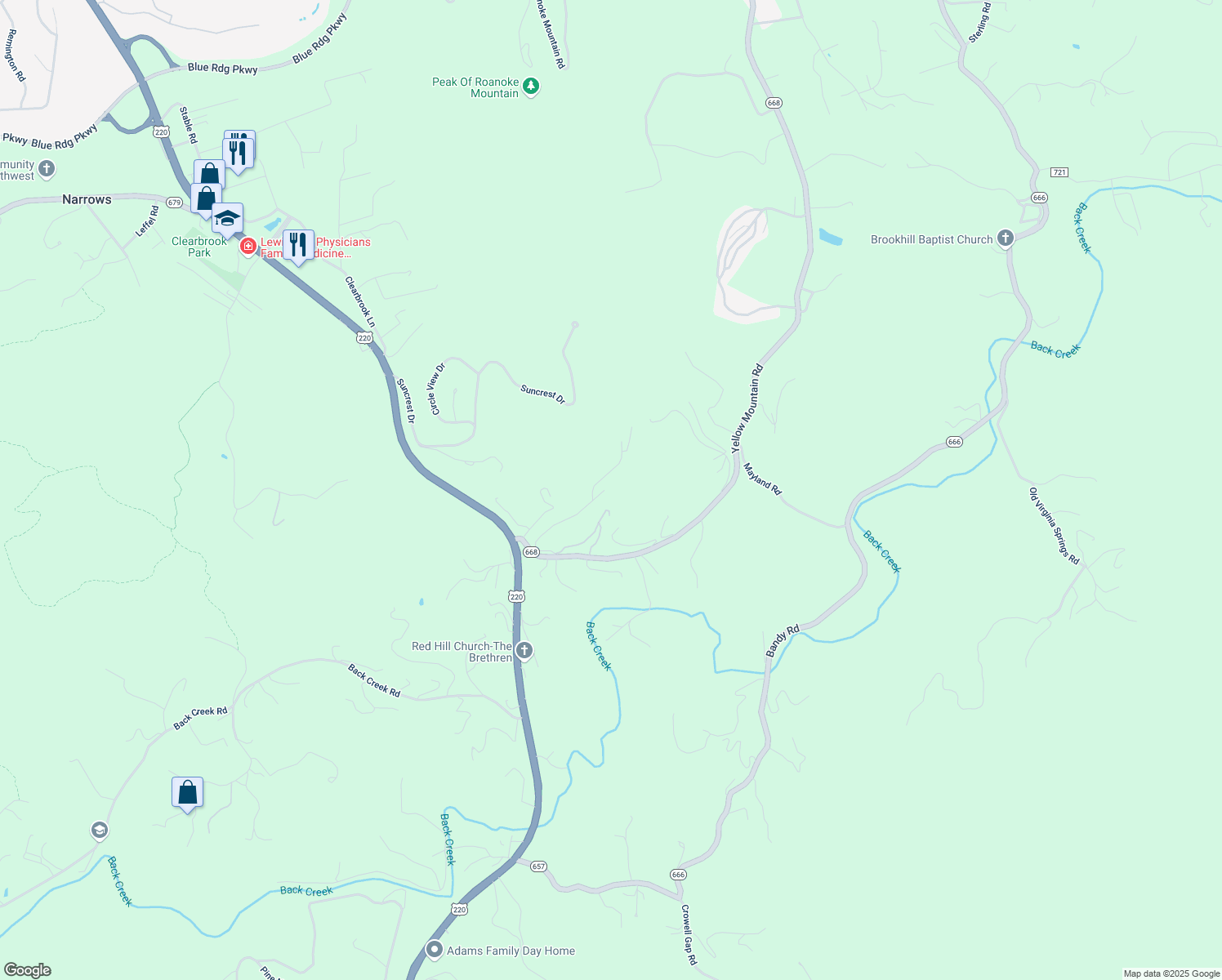 map of restaurants, bars, coffee shops, grocery stores, and more near 5807 Cox Hopkins Road in Roanoke