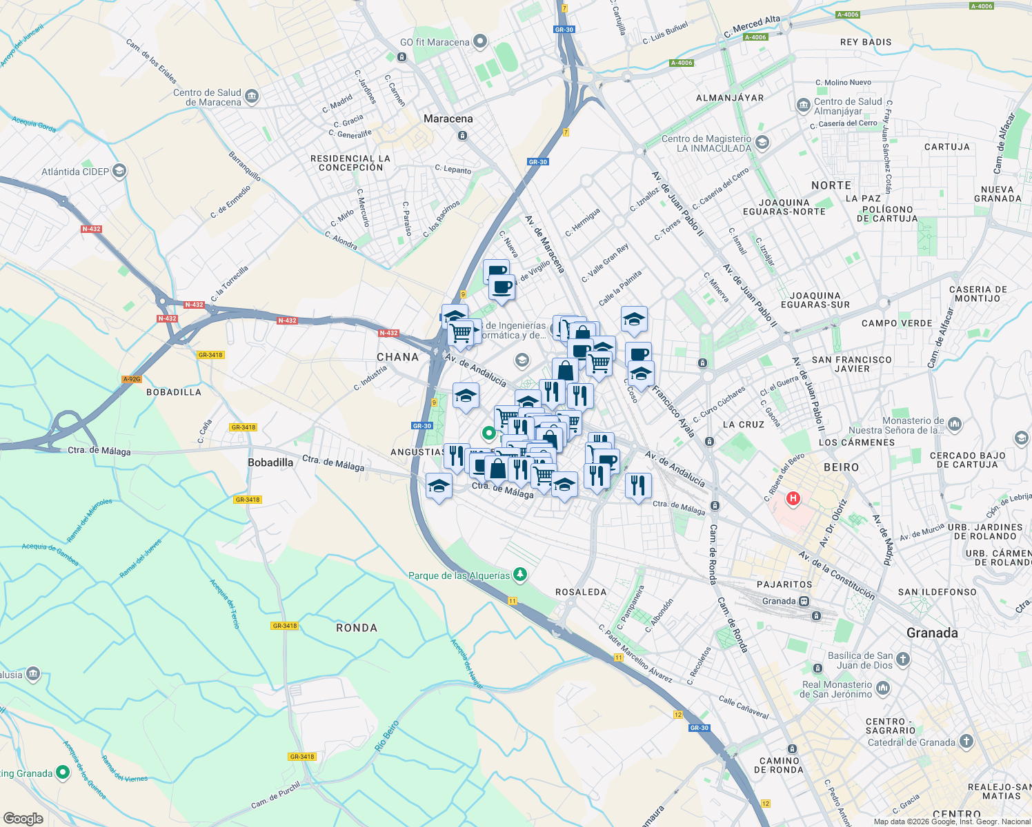 map of restaurants, bars, coffee shops, grocery stores, and more near 1 Calle Hospital de la Virgen in Granada
