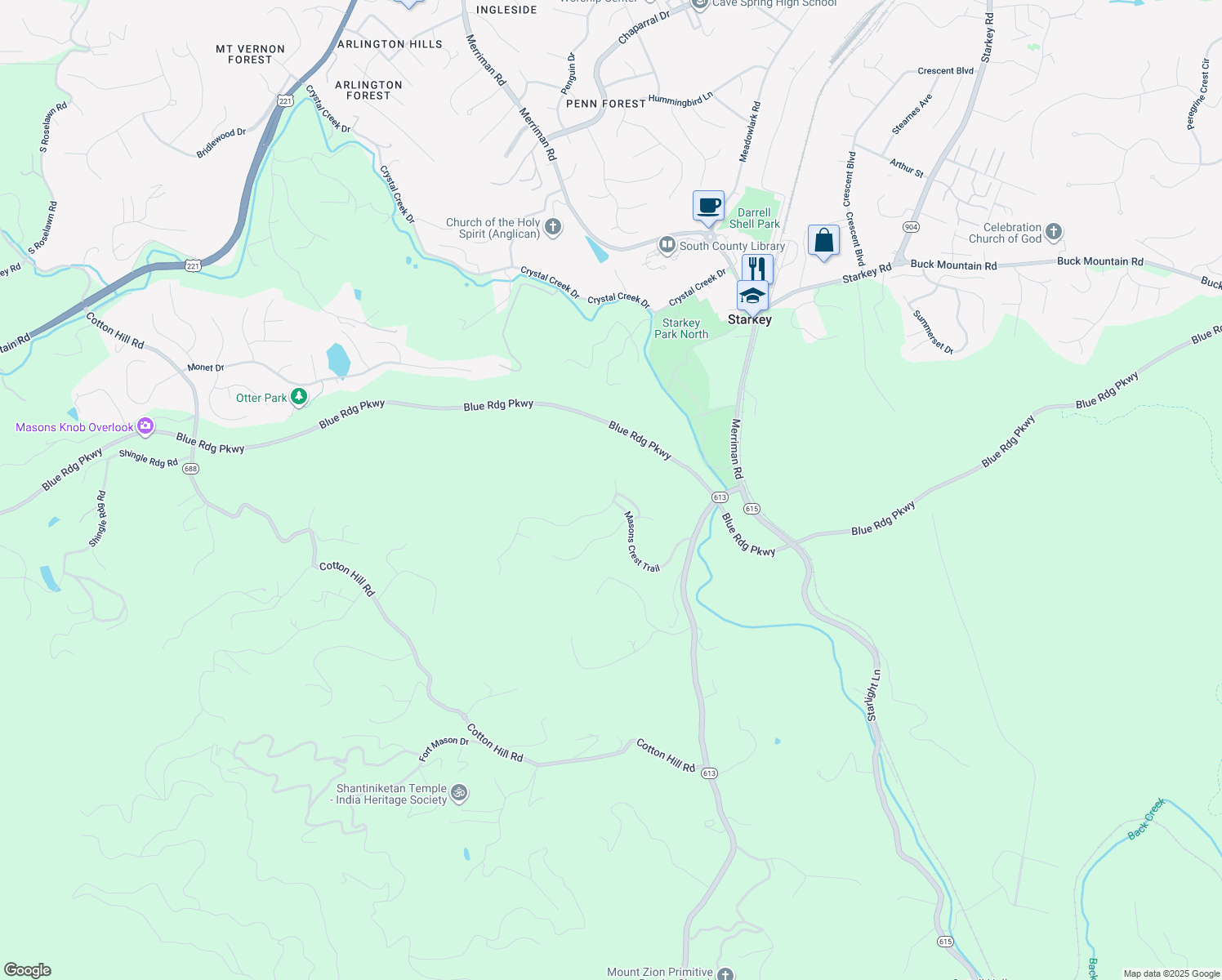 map of restaurants, bars, coffee shops, grocery stores, and more near 7110 Linn Cove Court in Roanoke