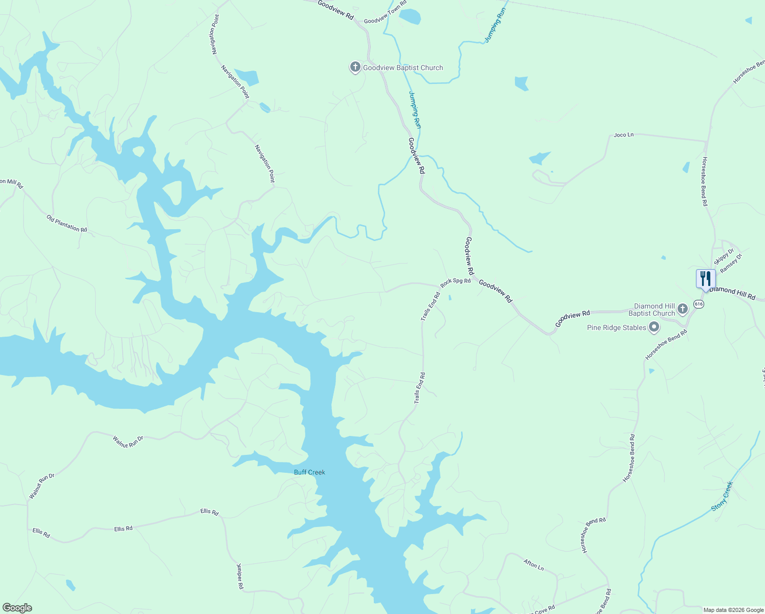 map of restaurants, bars, coffee shops, grocery stores, and more near 1034 Red Horse Drive in Goodview