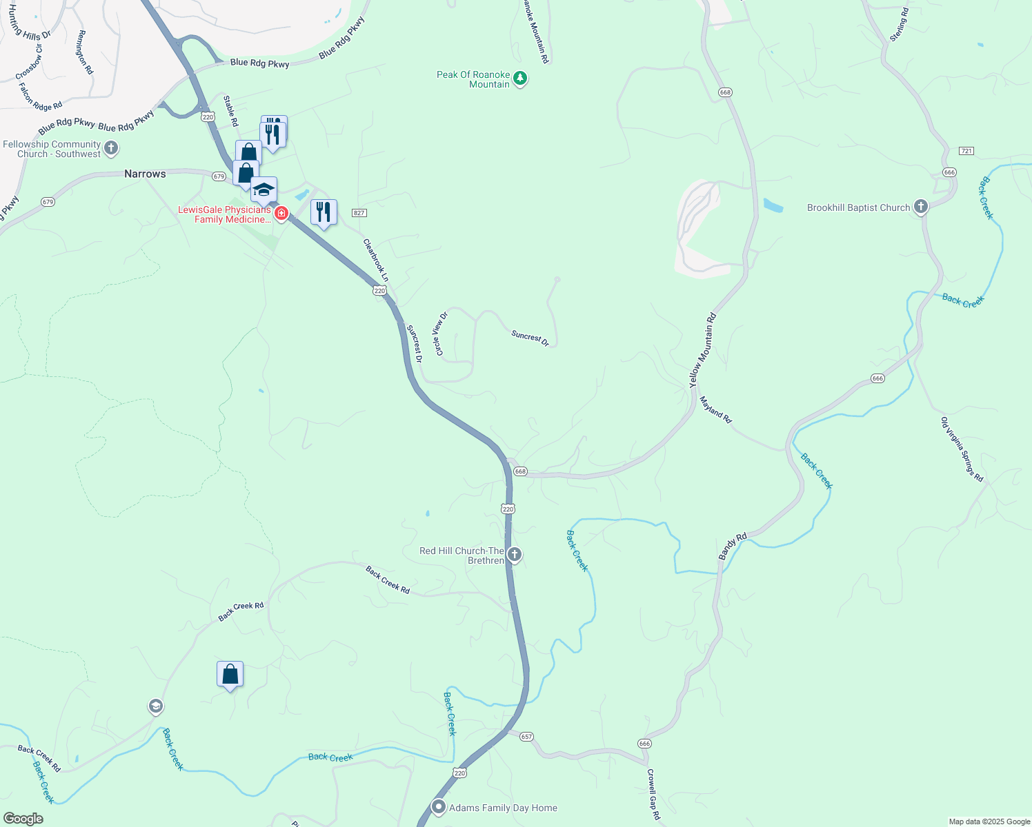 map of restaurants, bars, coffee shops, grocery stores, and more near 5827 Kathryn Drive in Roanoke