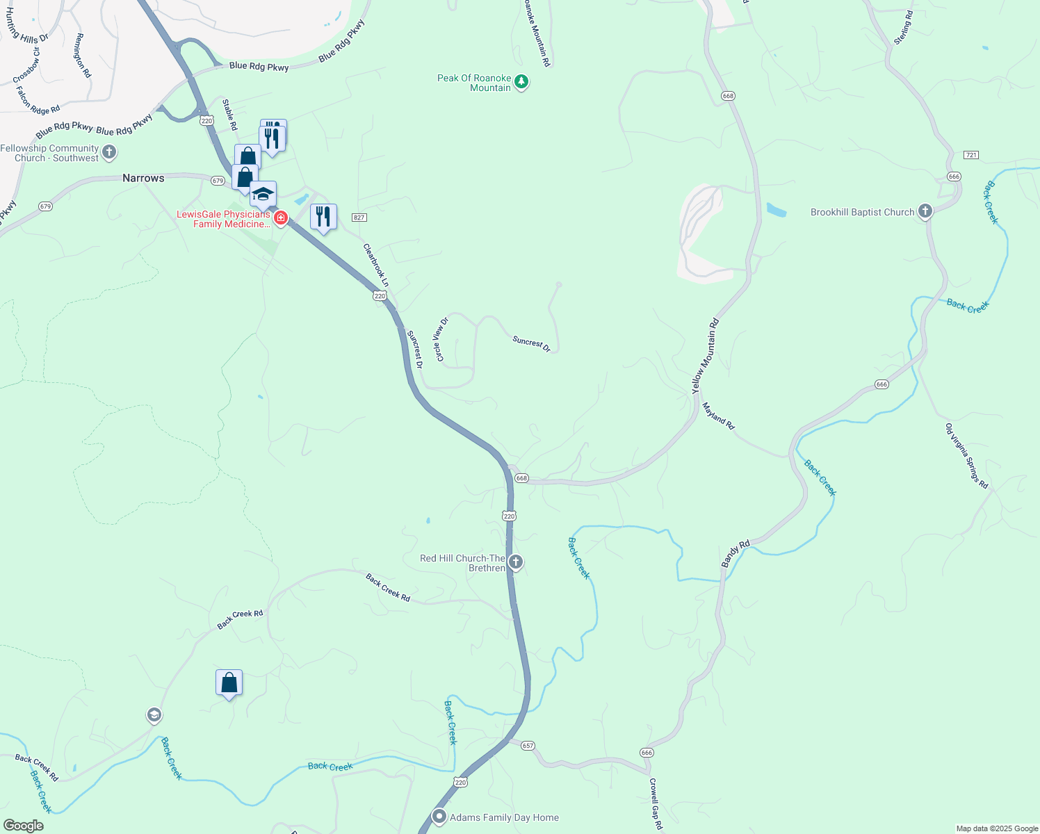map of restaurants, bars, coffee shops, grocery stores, and more near 5827 Kathryn Drive in Roanoke