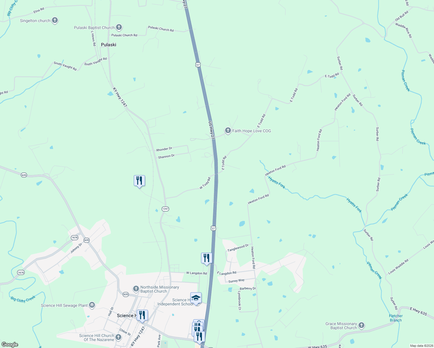 map of restaurants, bars, coffee shops, grocery stores, and more near 53 East Todd Road in Science Hill