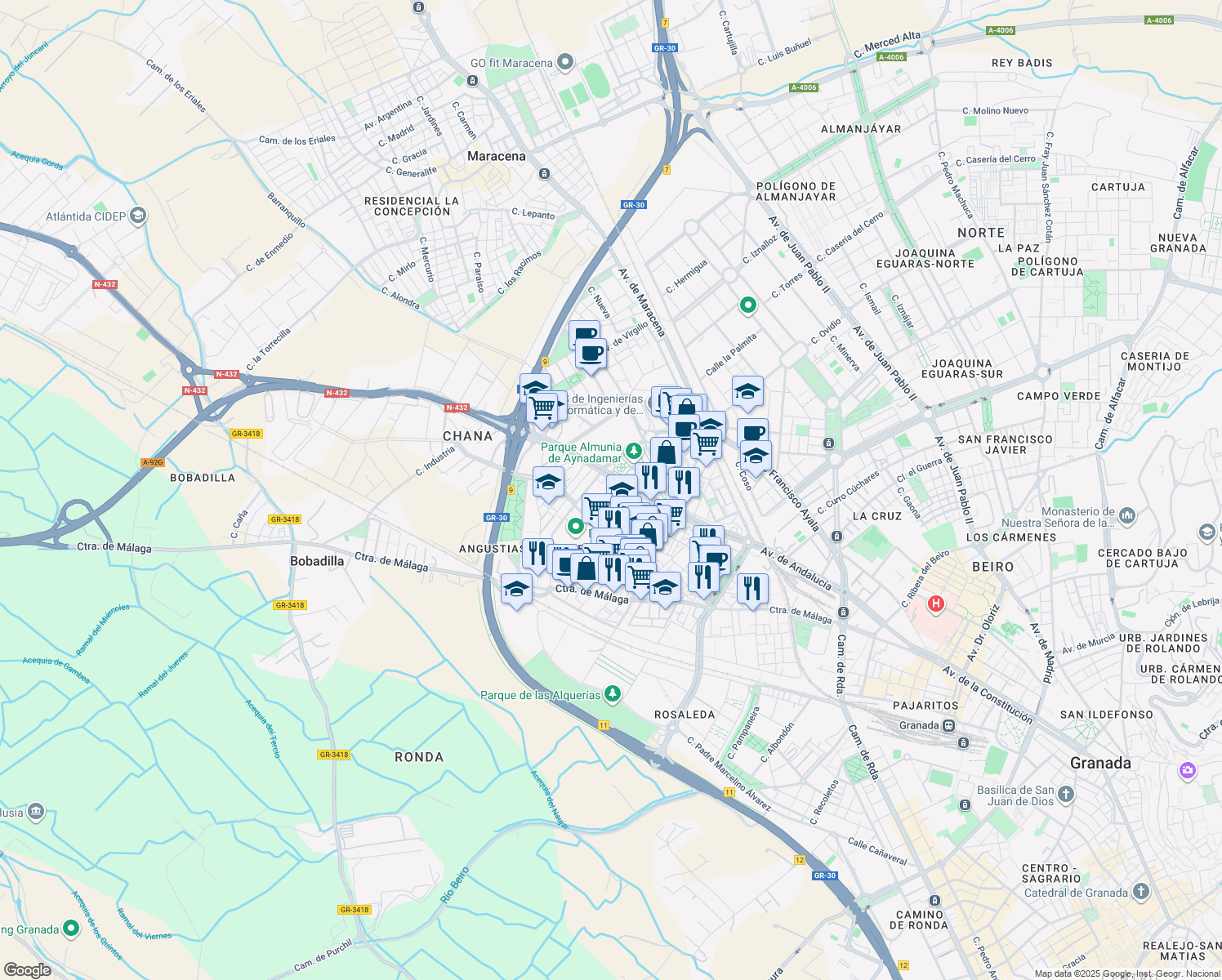 map of restaurants, bars, coffee shops, grocery stores, and more near 1 Calle Hospital de la Virgen in Granada