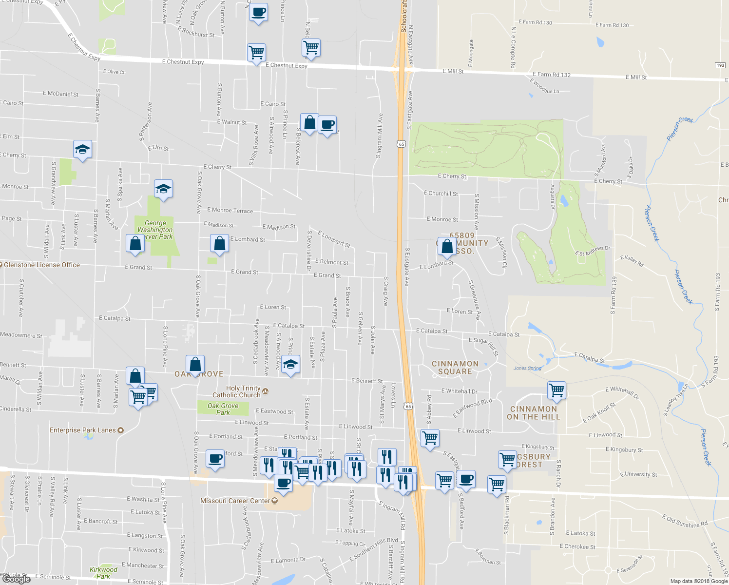 map of restaurants, bars, coffee shops, grocery stores, and more near 1042 South Gelven Avenue in Springfield