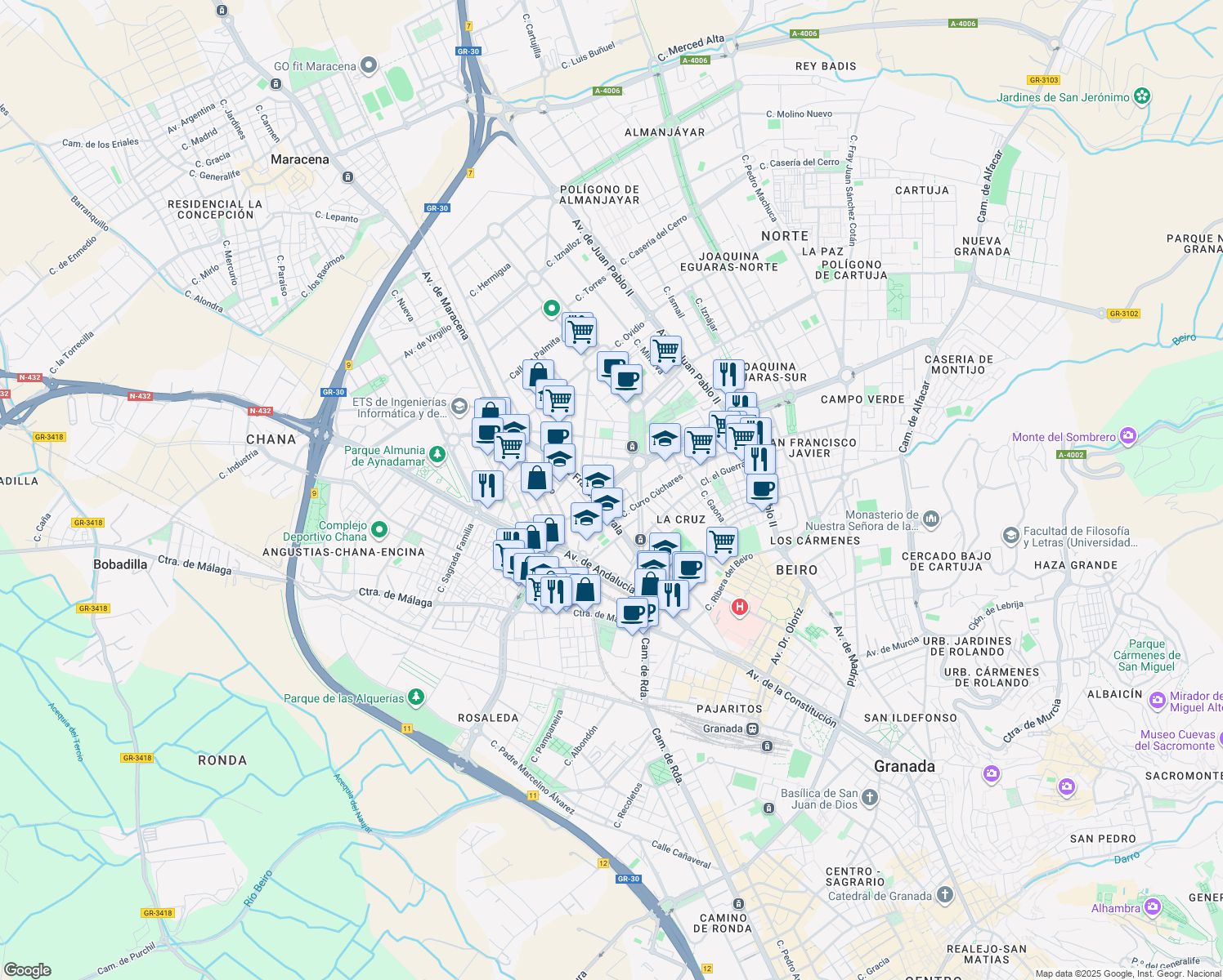 map of restaurants, bars, coffee shops, grocery stores, and more near 153 Avenida Luis Miranda Dávalos in Granada