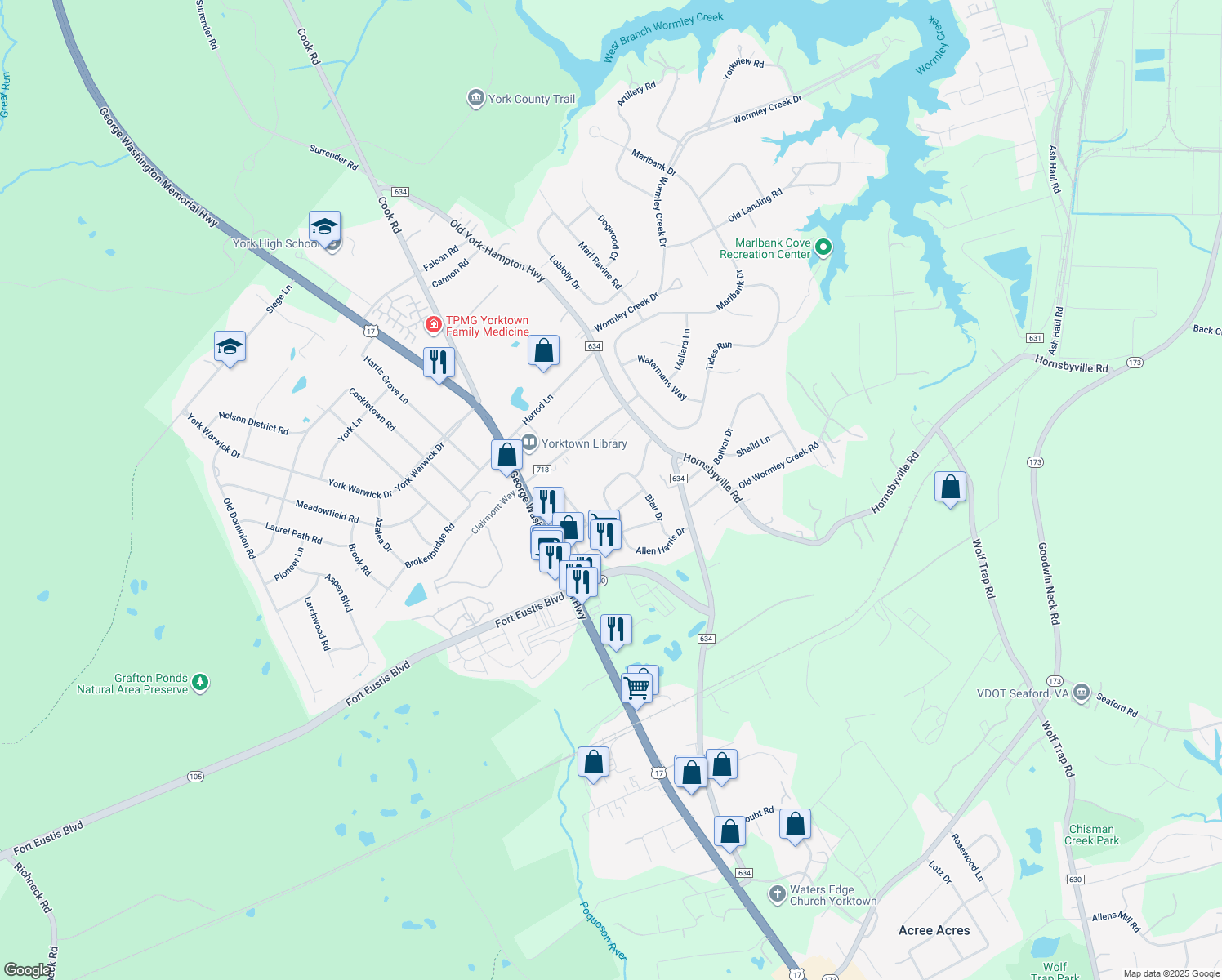 map of restaurants, bars, coffee shops, grocery stores, and more near 107 Allen Harris Drive in Yorktown