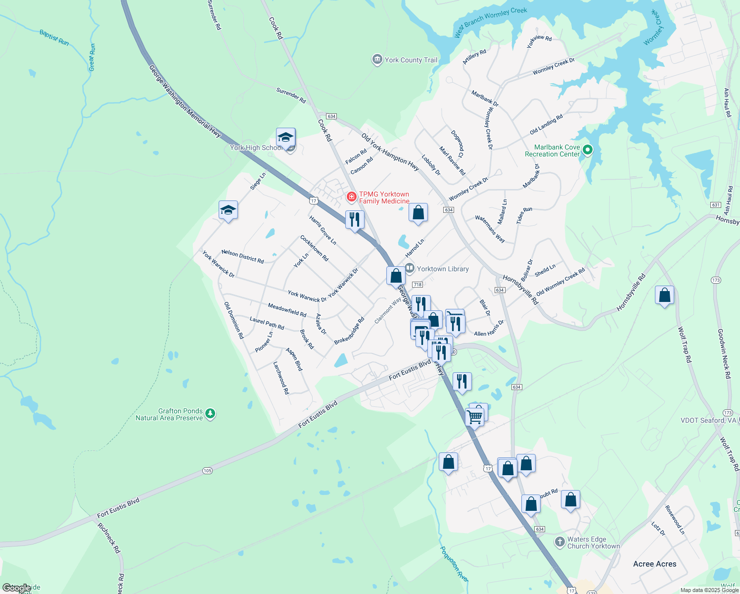 map of restaurants, bars, coffee shops, grocery stores, and more near 207 Cockletown Road in Yorktown