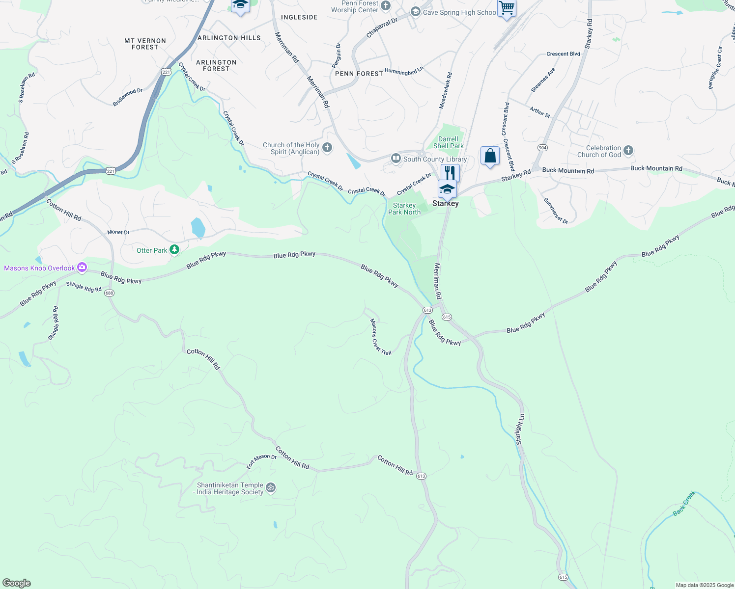 map of restaurants, bars, coffee shops, grocery stores, and more near 7133 Linn Cove Court in Roanoke