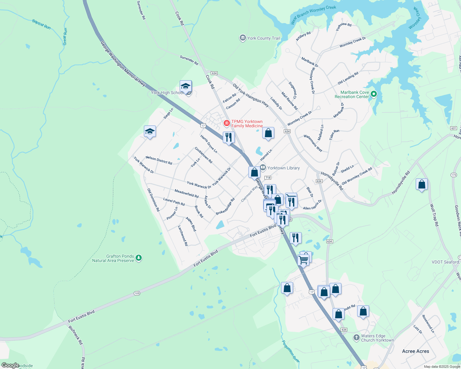 map of restaurants, bars, coffee shops, grocery stores, and more near 305 Cockletown Road in Yorktown