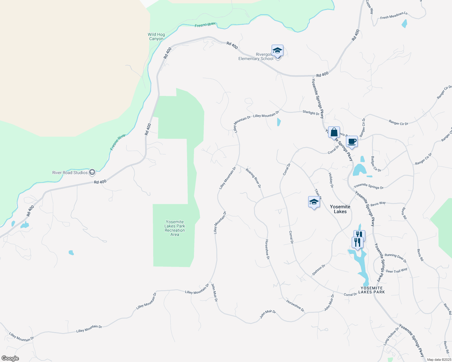 map of restaurants, bars, coffee shops, grocery stores, and more near 1 Lilley Mountain Drive in Coarsegold