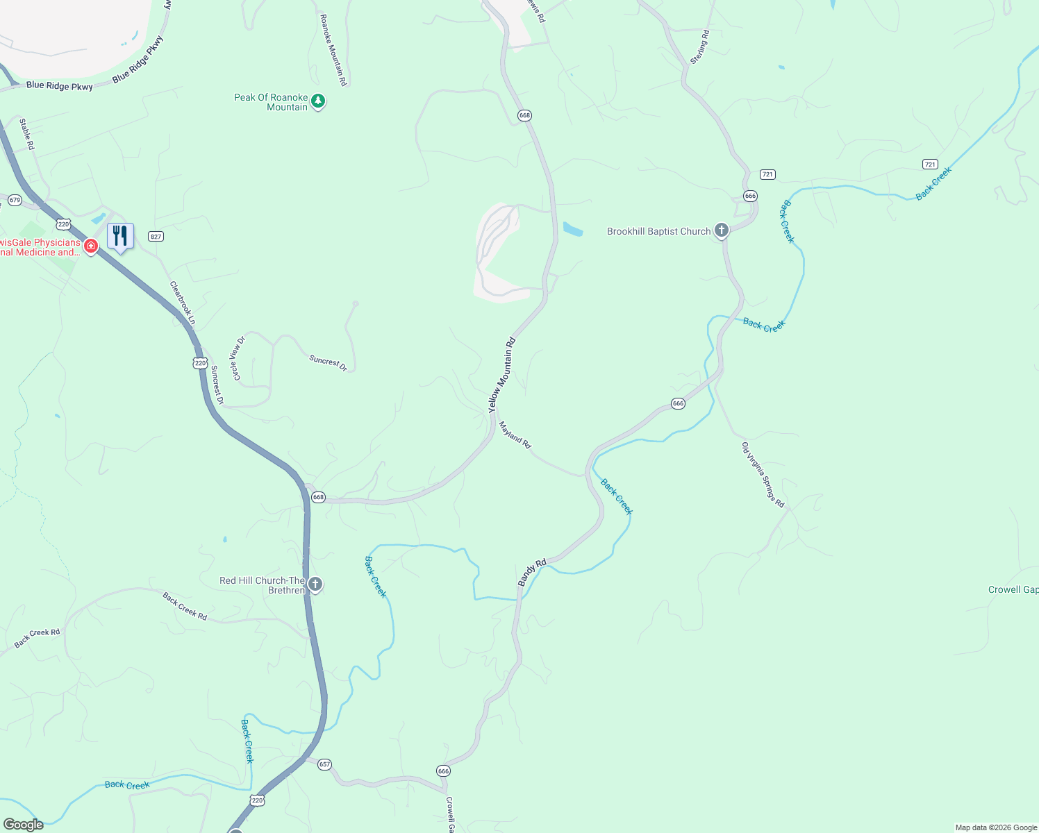 map of restaurants, bars, coffee shops, grocery stores, and more near 7900-7988 Mayland Road in Roanoke