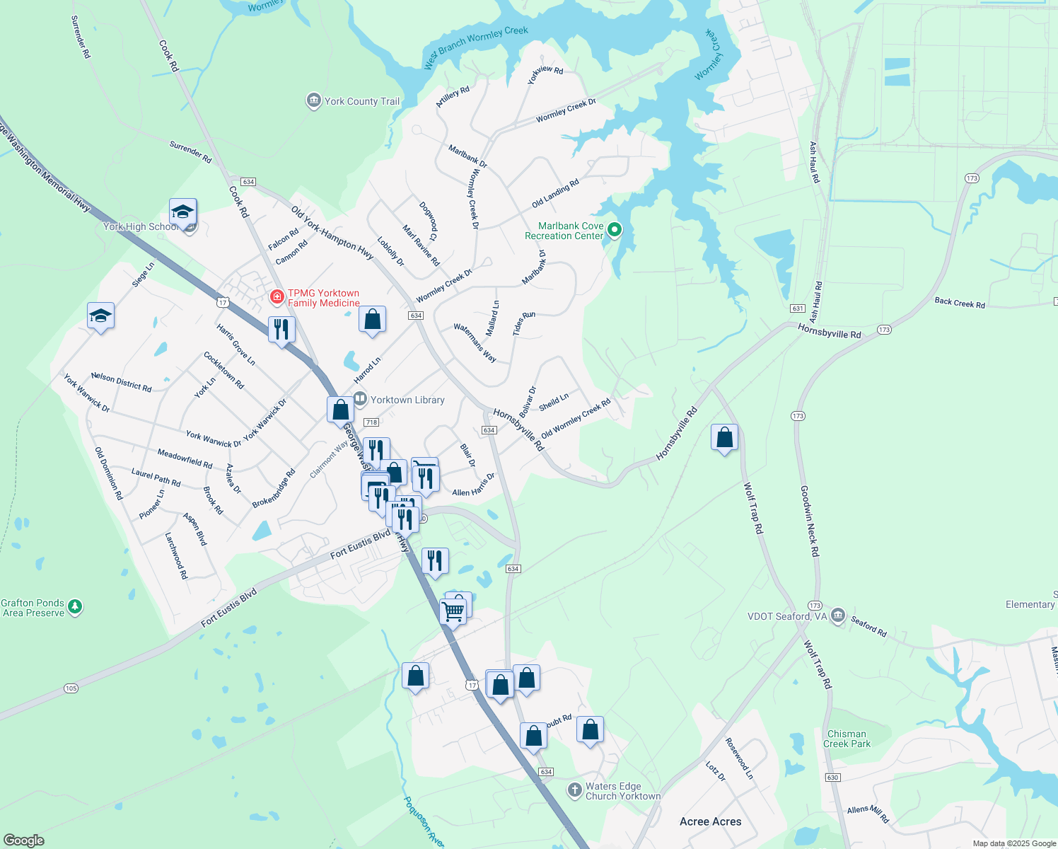 map of restaurants, bars, coffee shops, grocery stores, and more near 209 Hornsbyville Road in Yorktown