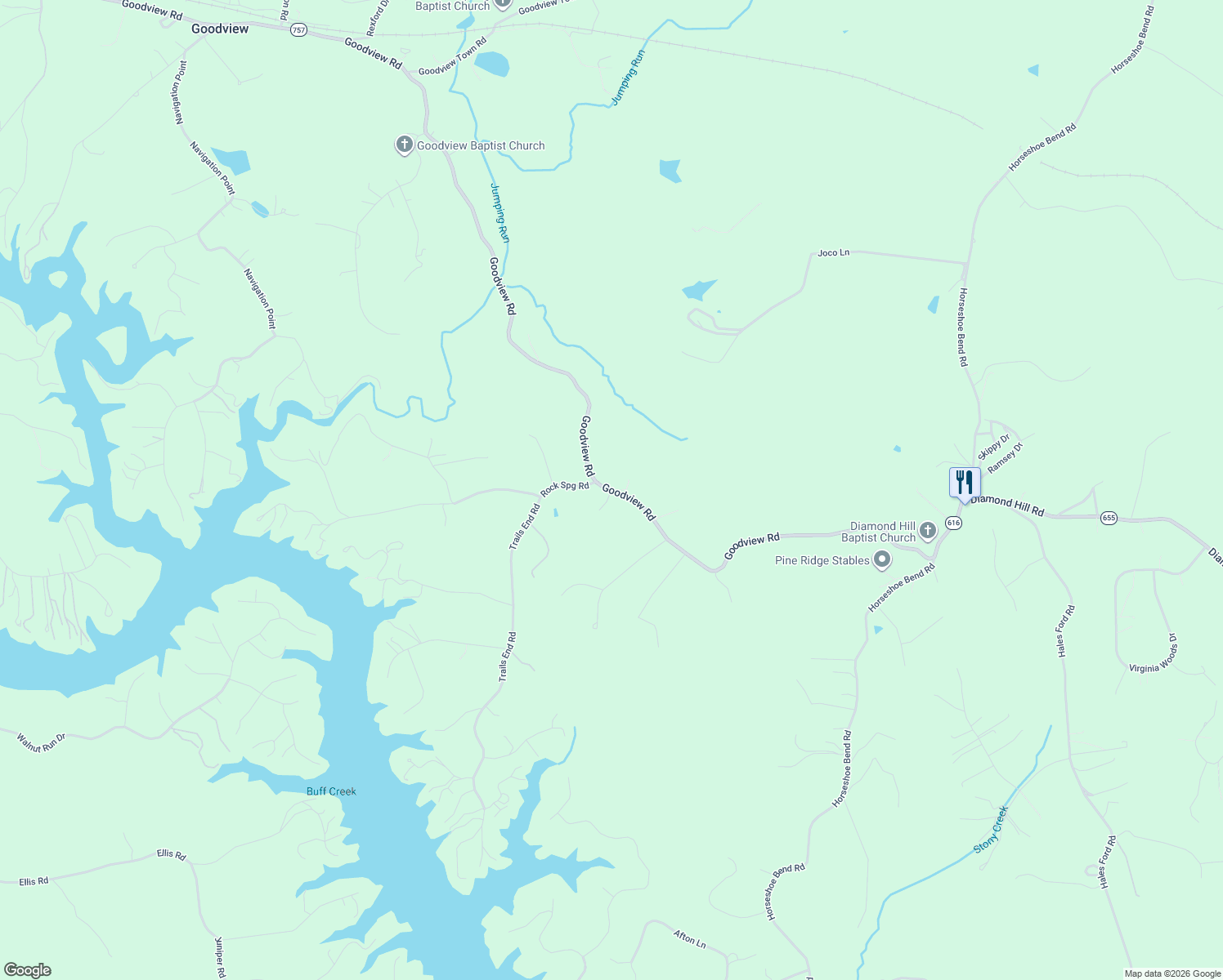 map of restaurants, bars, coffee shops, grocery stores, and more near 9554 Goodview Road in Goodview