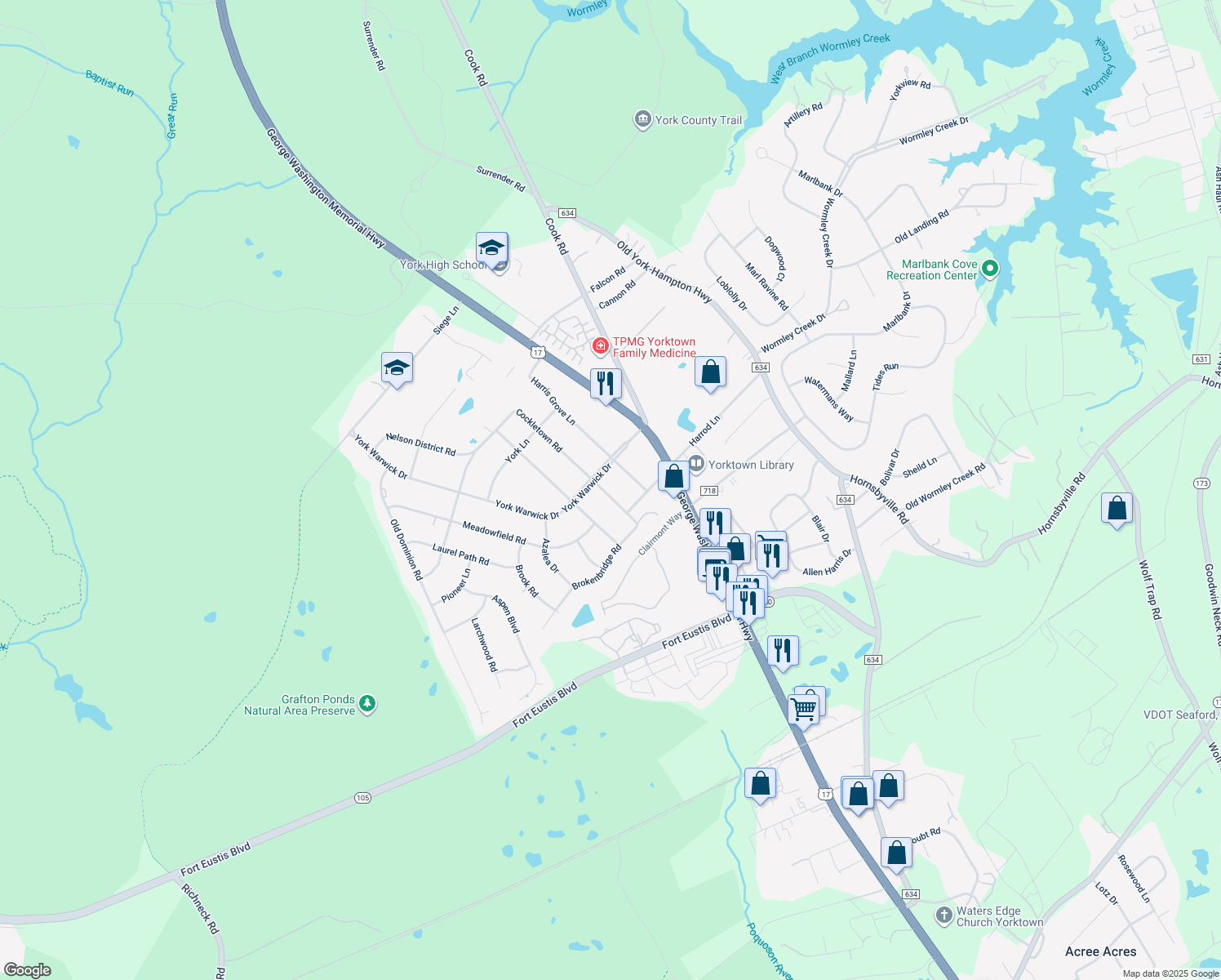 map of restaurants, bars, coffee shops, grocery stores, and more near 306 Cockletown Road in Yorktown