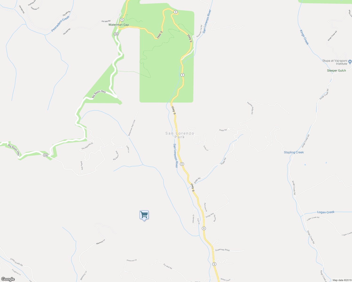 map of restaurants, bars, coffee shops, grocery stores, and more near 18755 California 9 in Boulder Creek