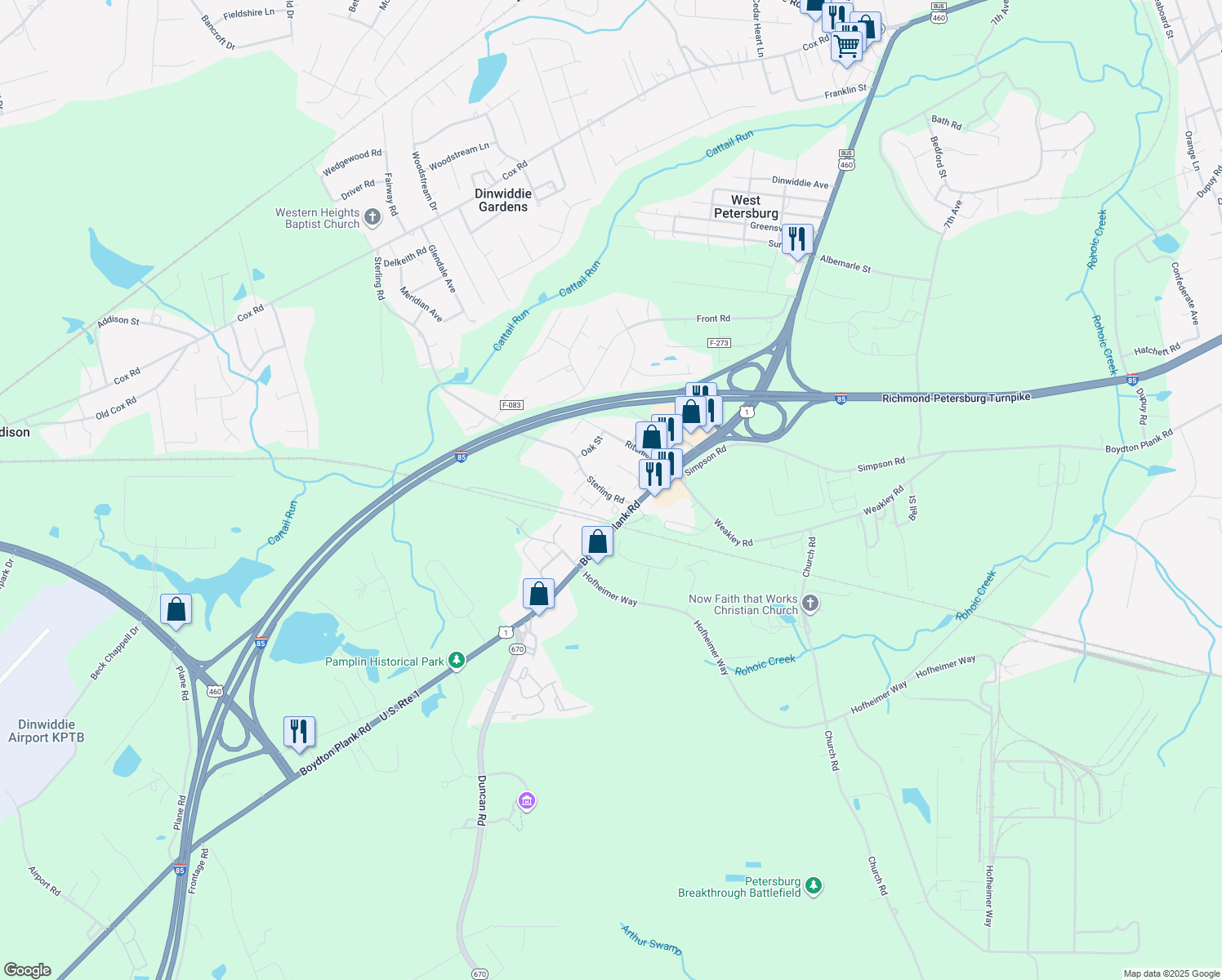 map of restaurants, bars, coffee shops, grocery stores, and more near 25202 Sterling Road in Petersburg