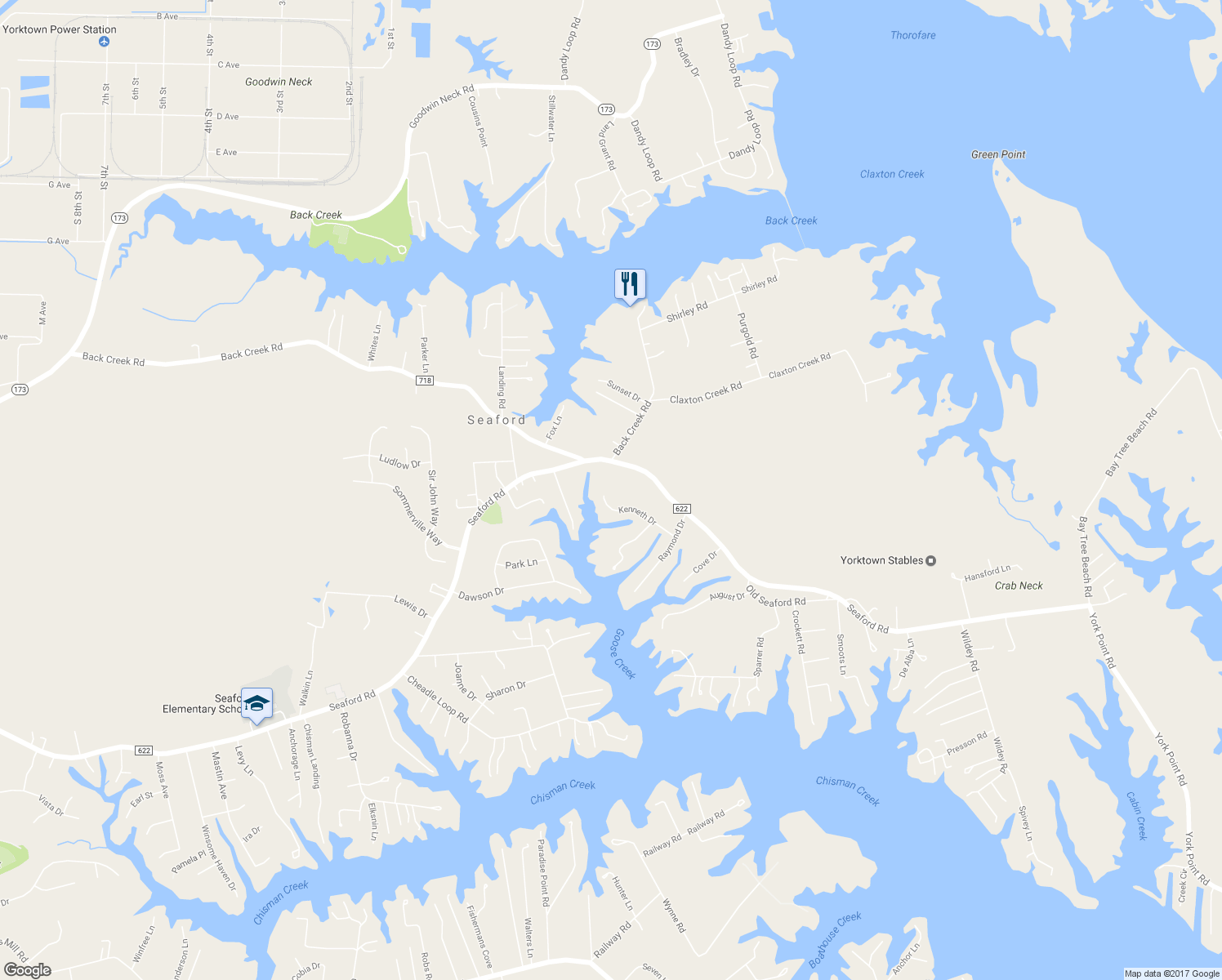 map of restaurants, bars, coffee shops, grocery stores, and more near 120 Kenneth Drive in Seaford
