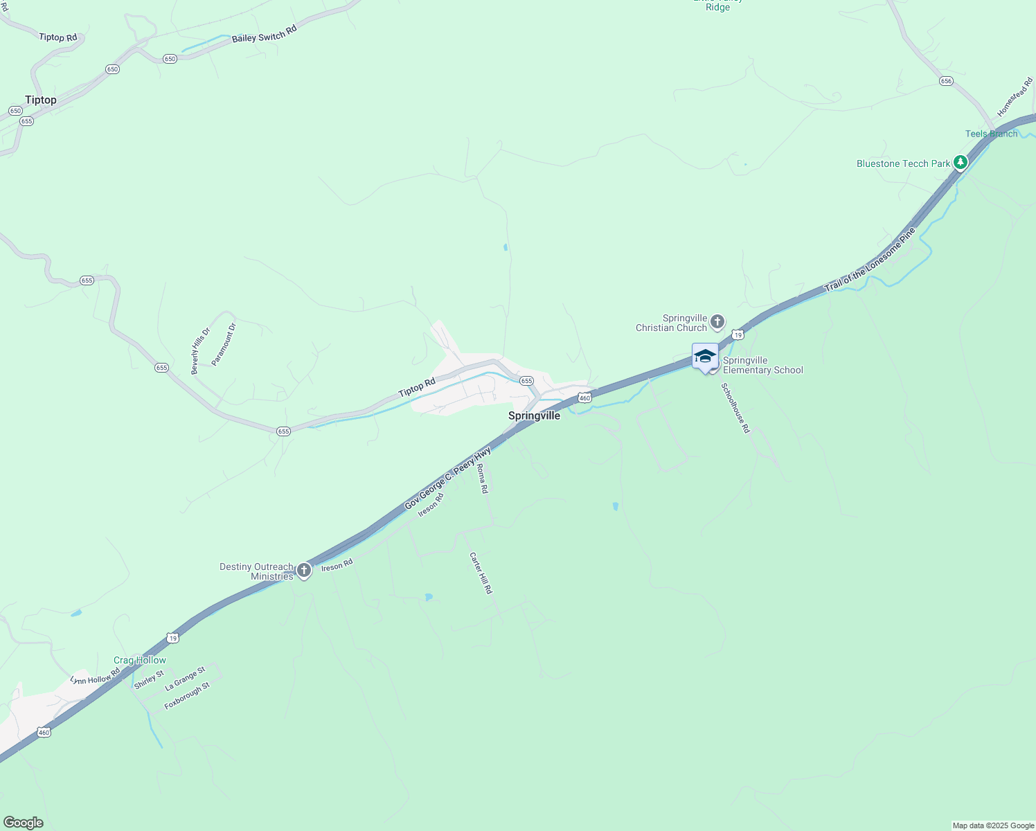 map of restaurants, bars, coffee shops, grocery stores, and more near 163 Tiptop Road in Tazewell County