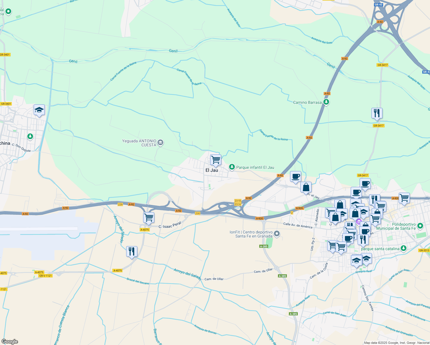 map of restaurants, bars, coffee shops, grocery stores, and more near 3 Calle Pablo Picasso in Santa Fe
