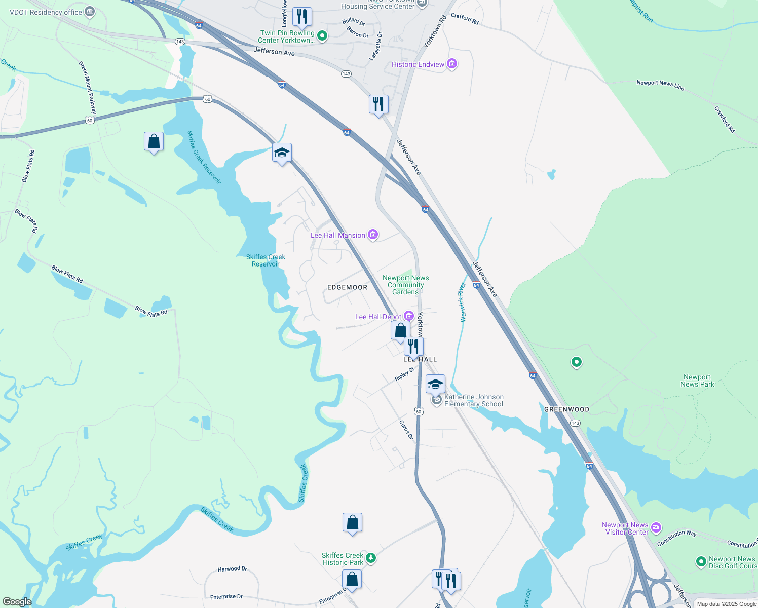 map of restaurants, bars, coffee shops, grocery stores, and more near 17455 Warwick Blvd in Newport News