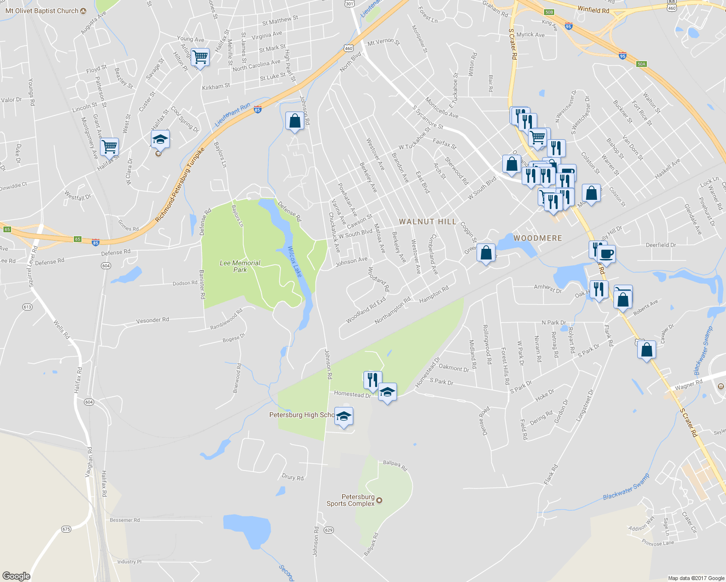 map of restaurants, bars, coffee shops, grocery stores, and more near 1135 Oakridge Road in Petersburg