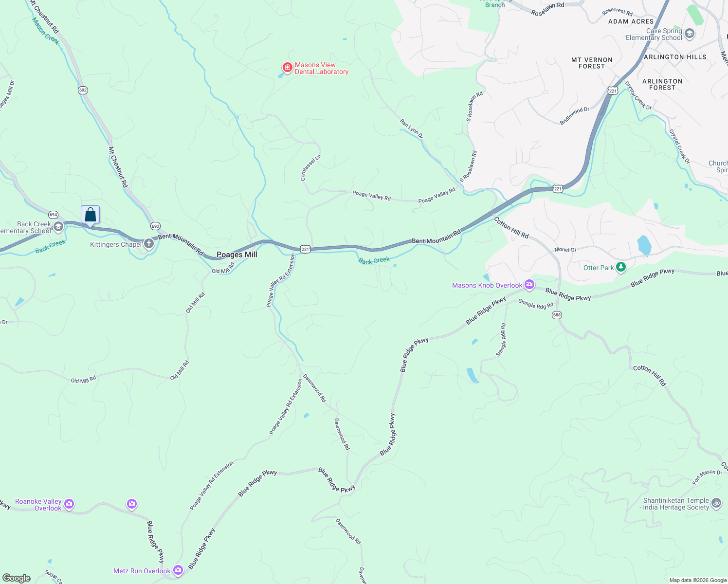 map of restaurants, bars, coffee shops, grocery stores, and more near 6261 Sky Ridge Road in Roanoke