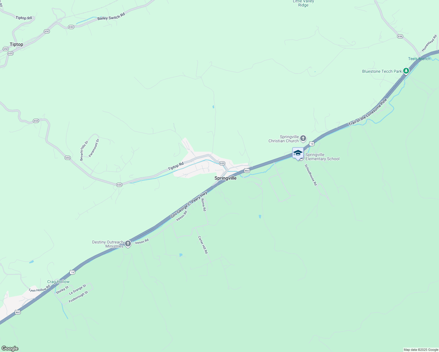 map of restaurants, bars, coffee shops, grocery stores, and more near 163 Tiptop Road in Springville