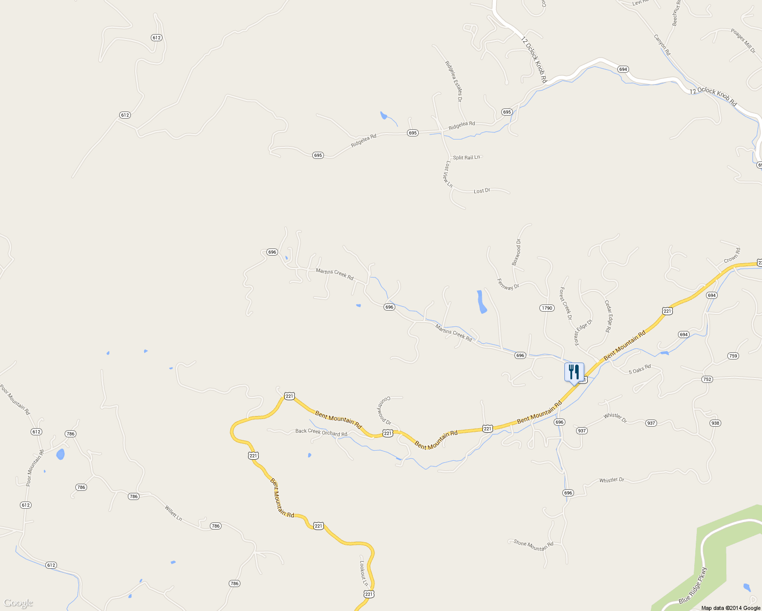 map of restaurants, bars, coffee shops, grocery stores, and more near Martins Creek Road in Roanoke