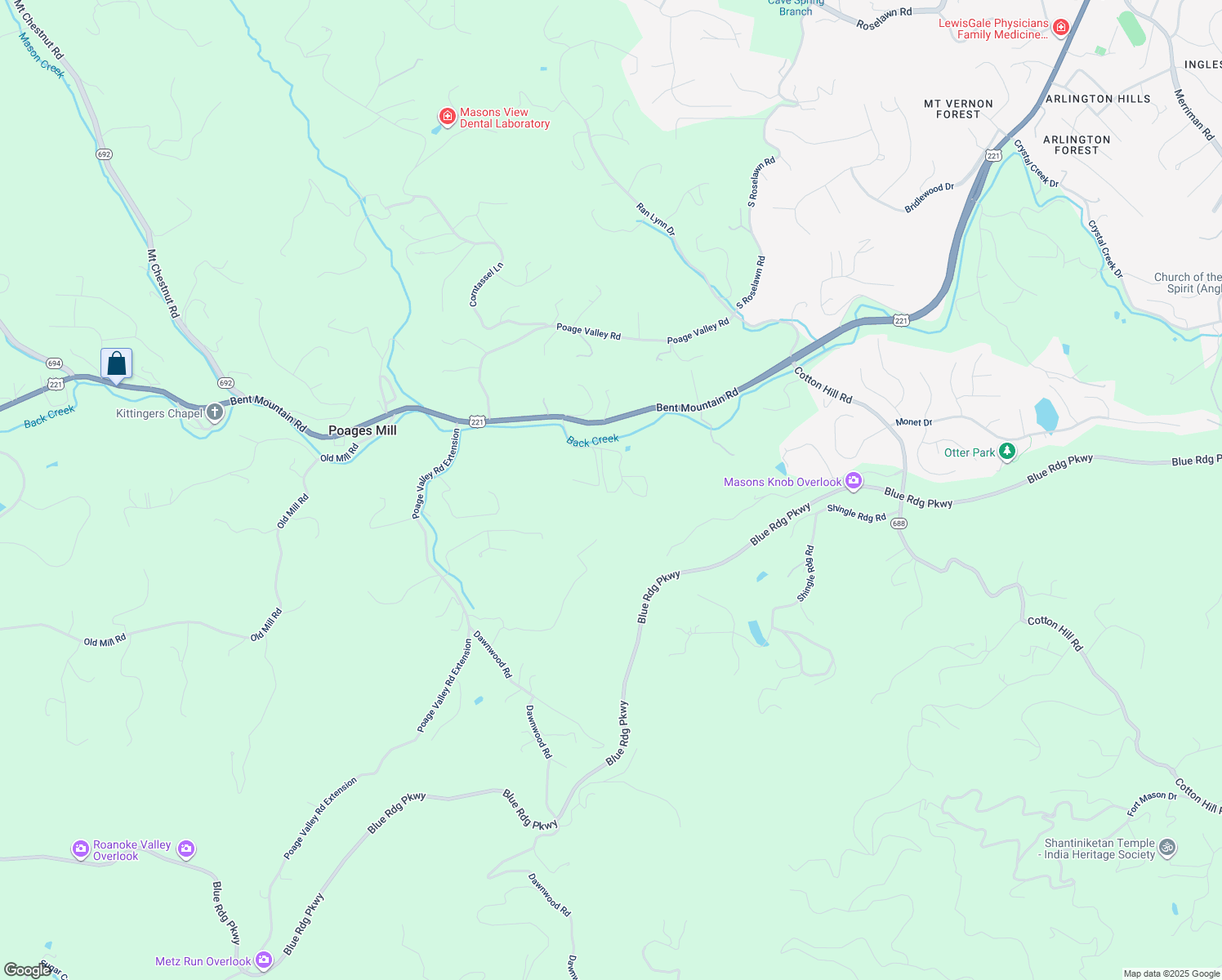 map of restaurants, bars, coffee shops, grocery stores, and more near Timberlane Avenue in Roanoke