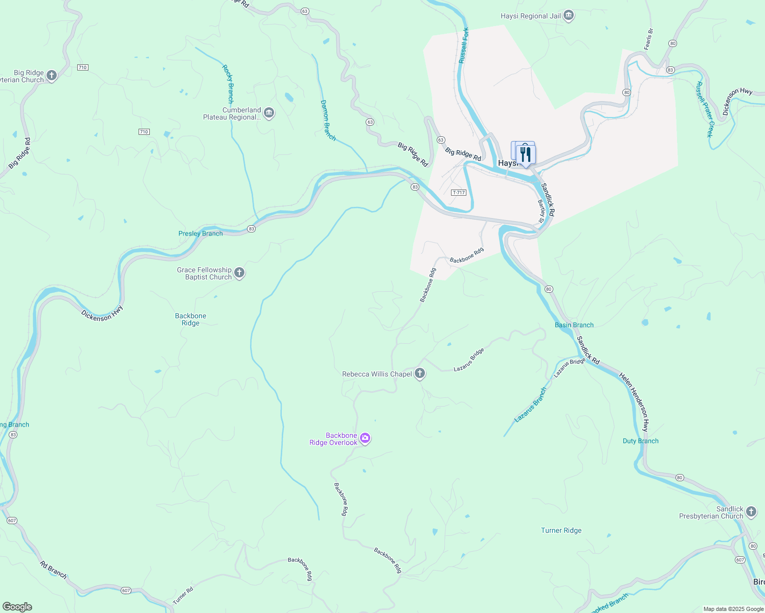 map of restaurants, bars, coffee shops, grocery stores, and more near Moonshadow Trail in Haysi